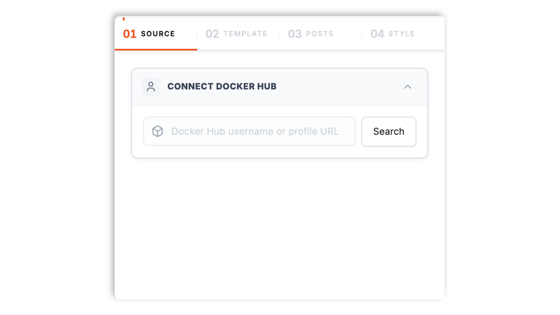 Poper widget builder showing Docker Hub repository search input for hub.docker.com/r/acmedev/acme-cli with whale-style avatar and a Docker blue Connect button