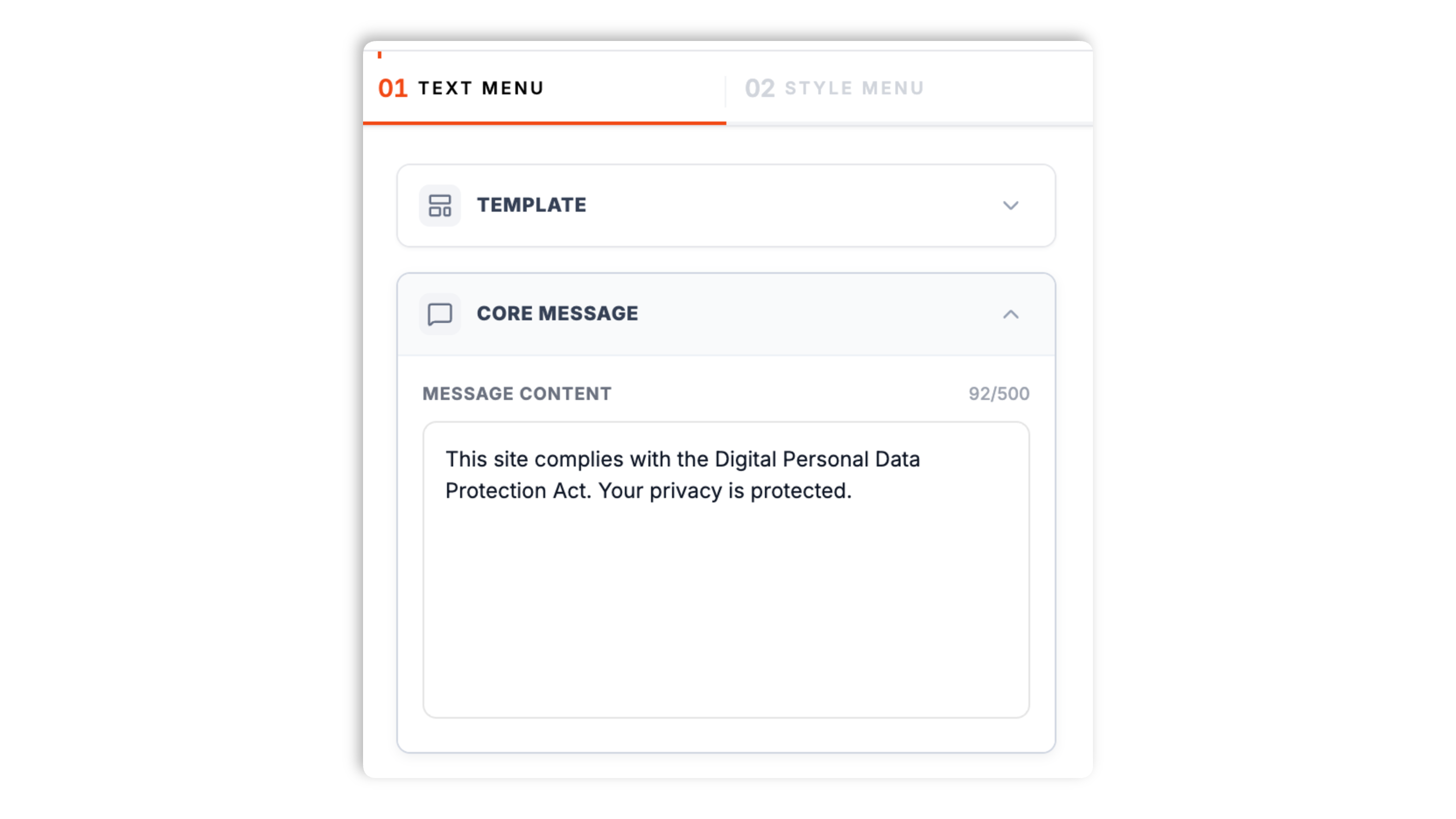 Poper DPDP builder showing a template picker for the simple and floating layouts and a core-message text field with a default DPDP compliance message