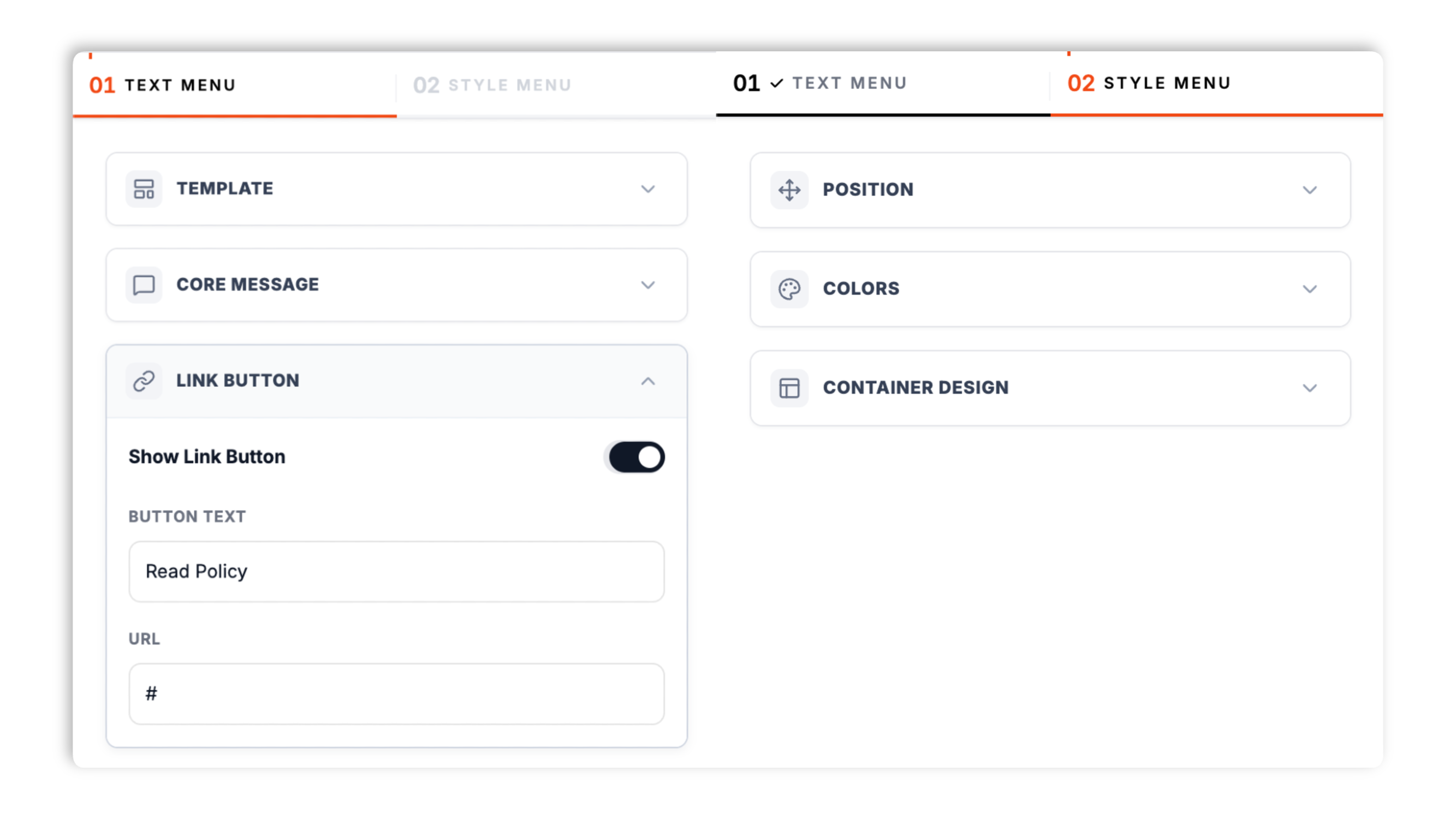 DPDP banner style controls showing a link-button toggle with a policy URL field, an acknowledge-button text field, a position selector, and color pickers for background, text, link, and button