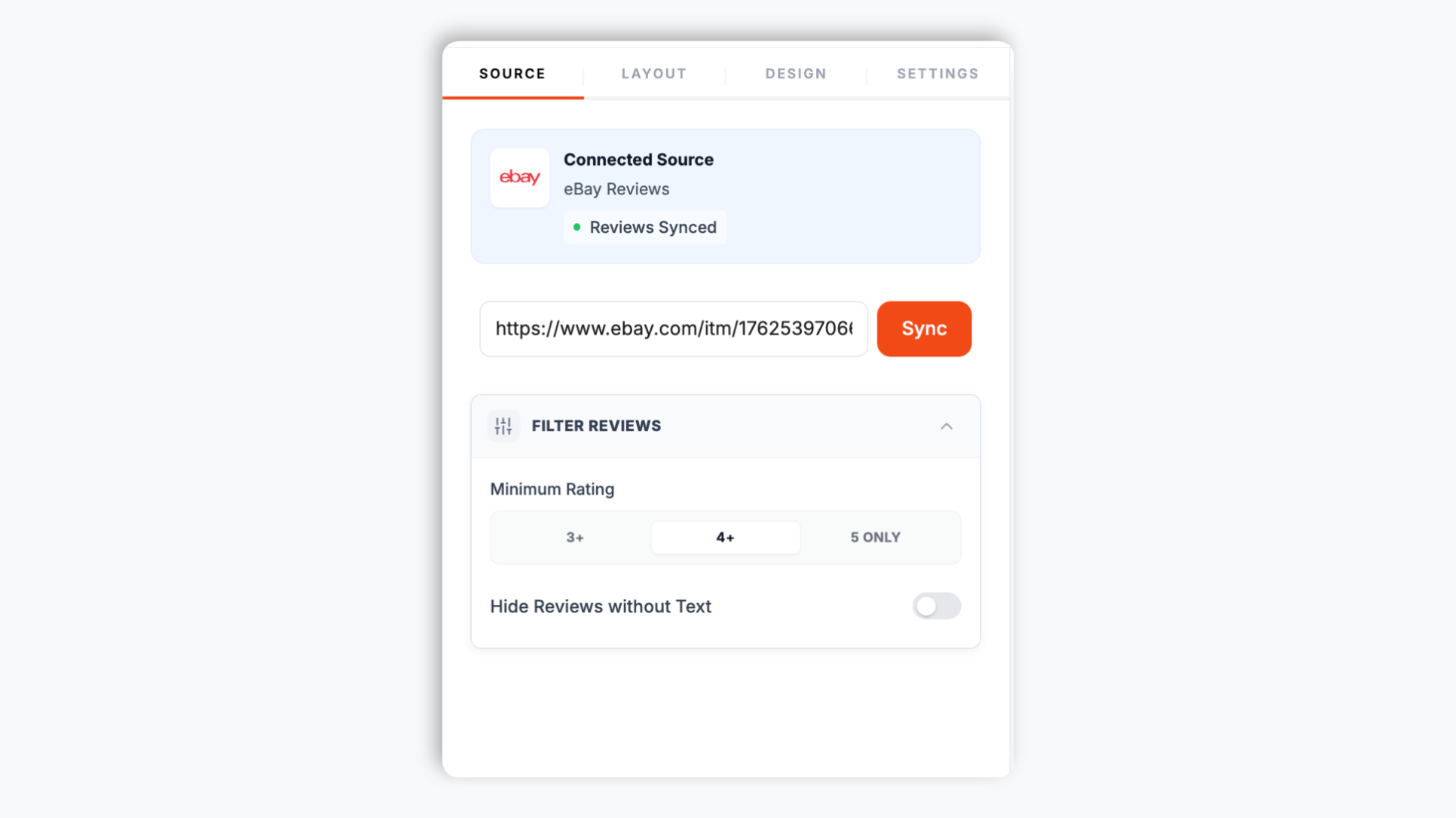Poper widget builder source tab with an eBay URL pasted into the input field showing eBay buyer reviews ready to load
