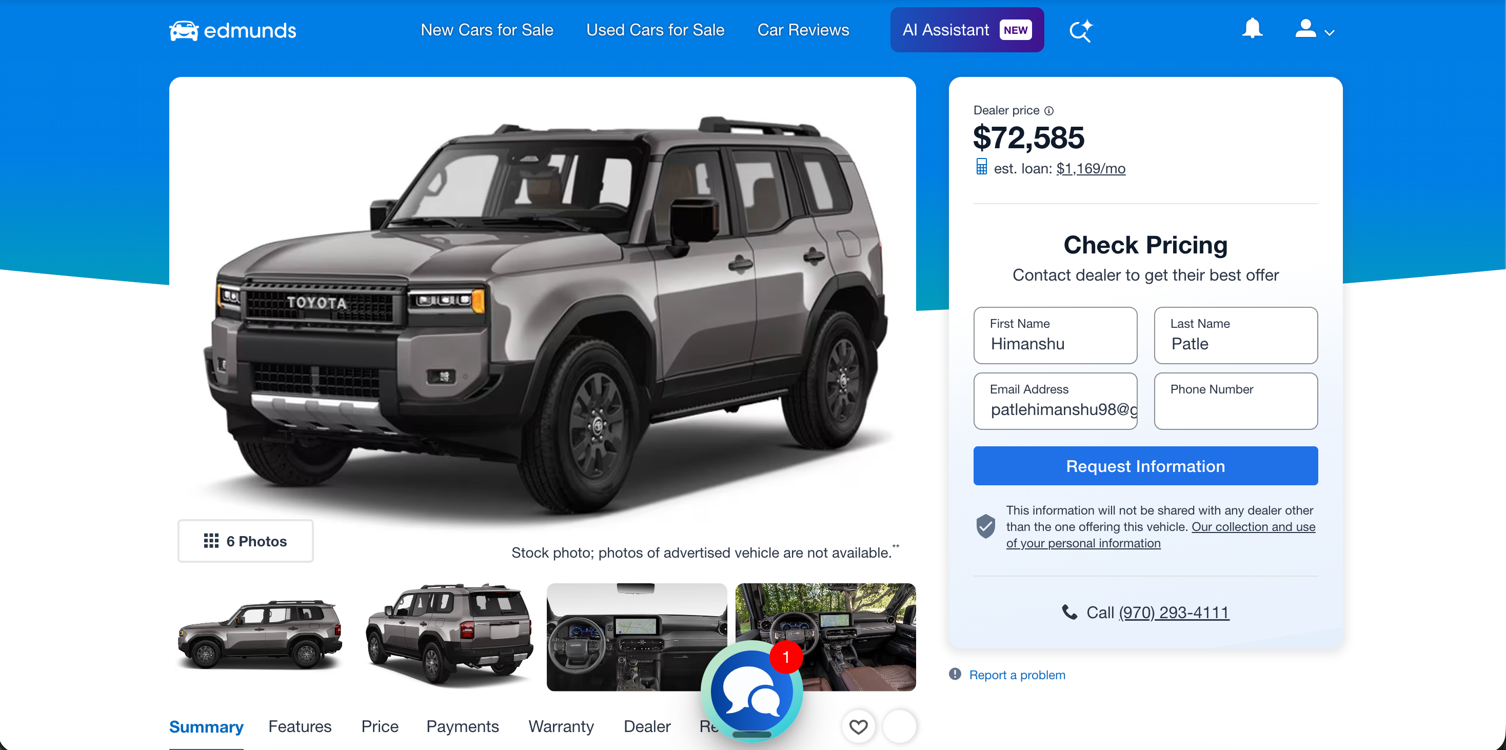 Edmunds.com dealership page for Atlas Motors in Los Angeles showing 4.8 of 5 rating from 847 buyer reviews, Five Star Dealer 2026 award, Honda inventory cards (Civic, Accord, CR-V) and three Source reviews where available