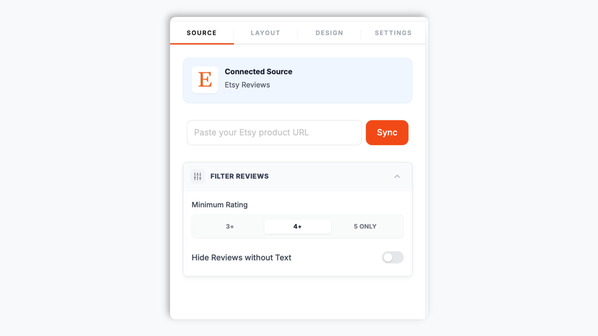 Poper widget builder showing the Etsy product URL field with an etsy.com/listing link pasted in and a warm-orange Sync button