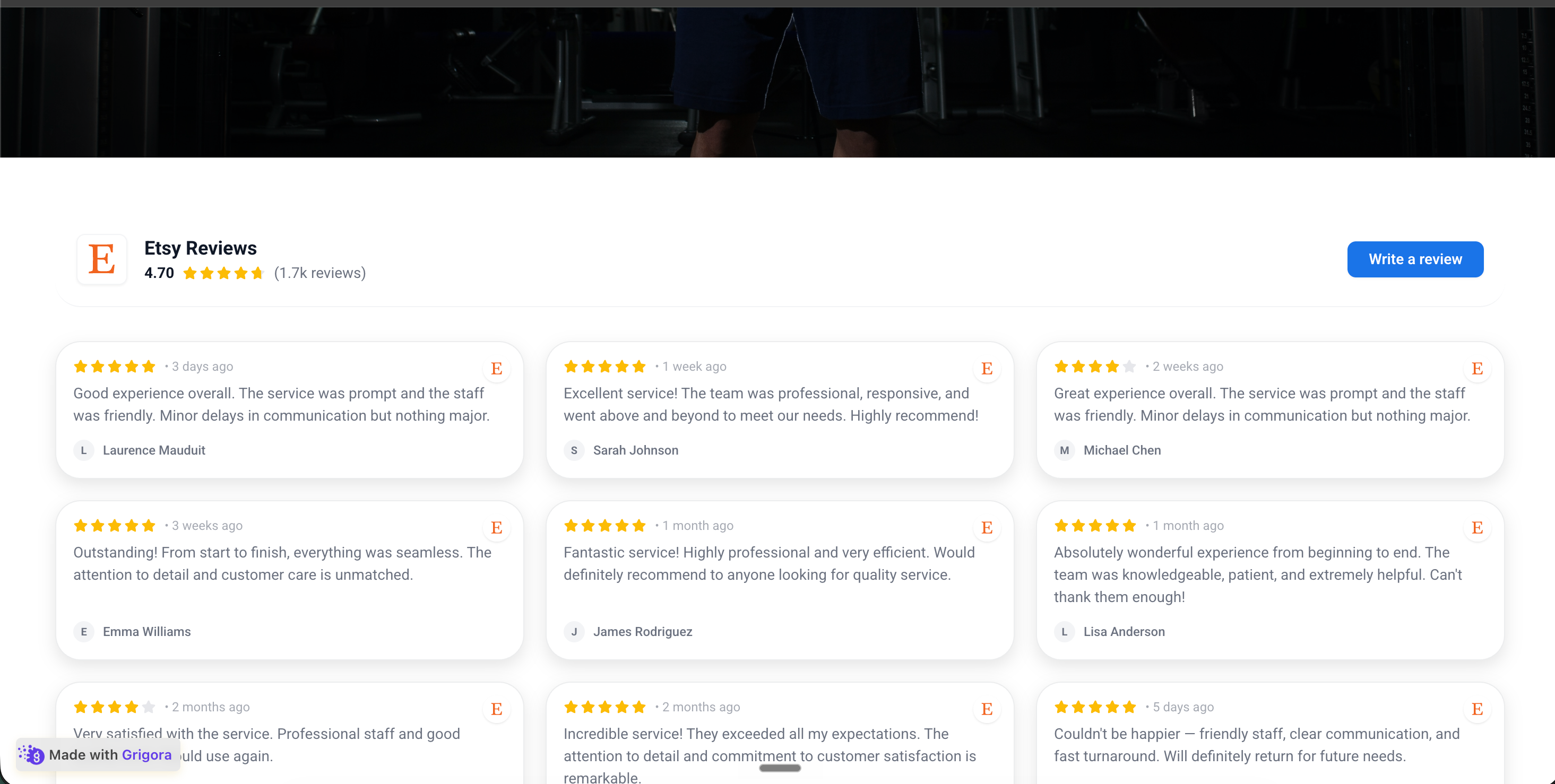 AcmeArtisan's own DTC site at acmeartisan.shop with embedded Poper Etsy widget showing the same 3 buyer reviews and source-supported media where available styled in a soft cream and sage brand palette