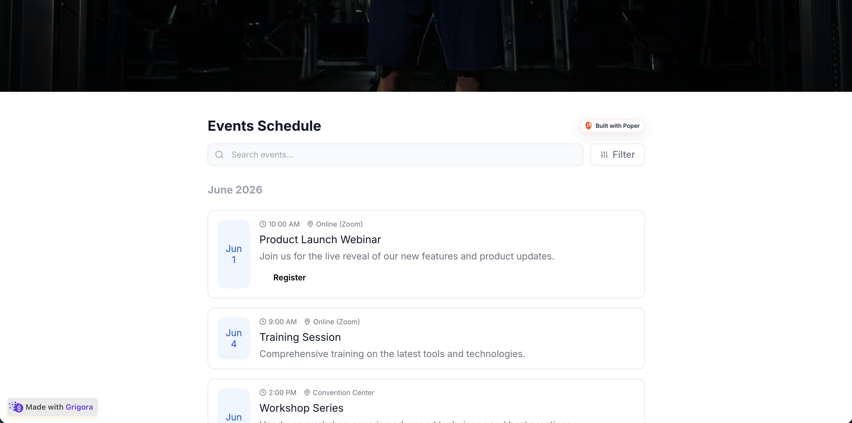 A studio website with an embedded Poper event calendar showing classes in a deep-rose and warm-cream layout below the hero
