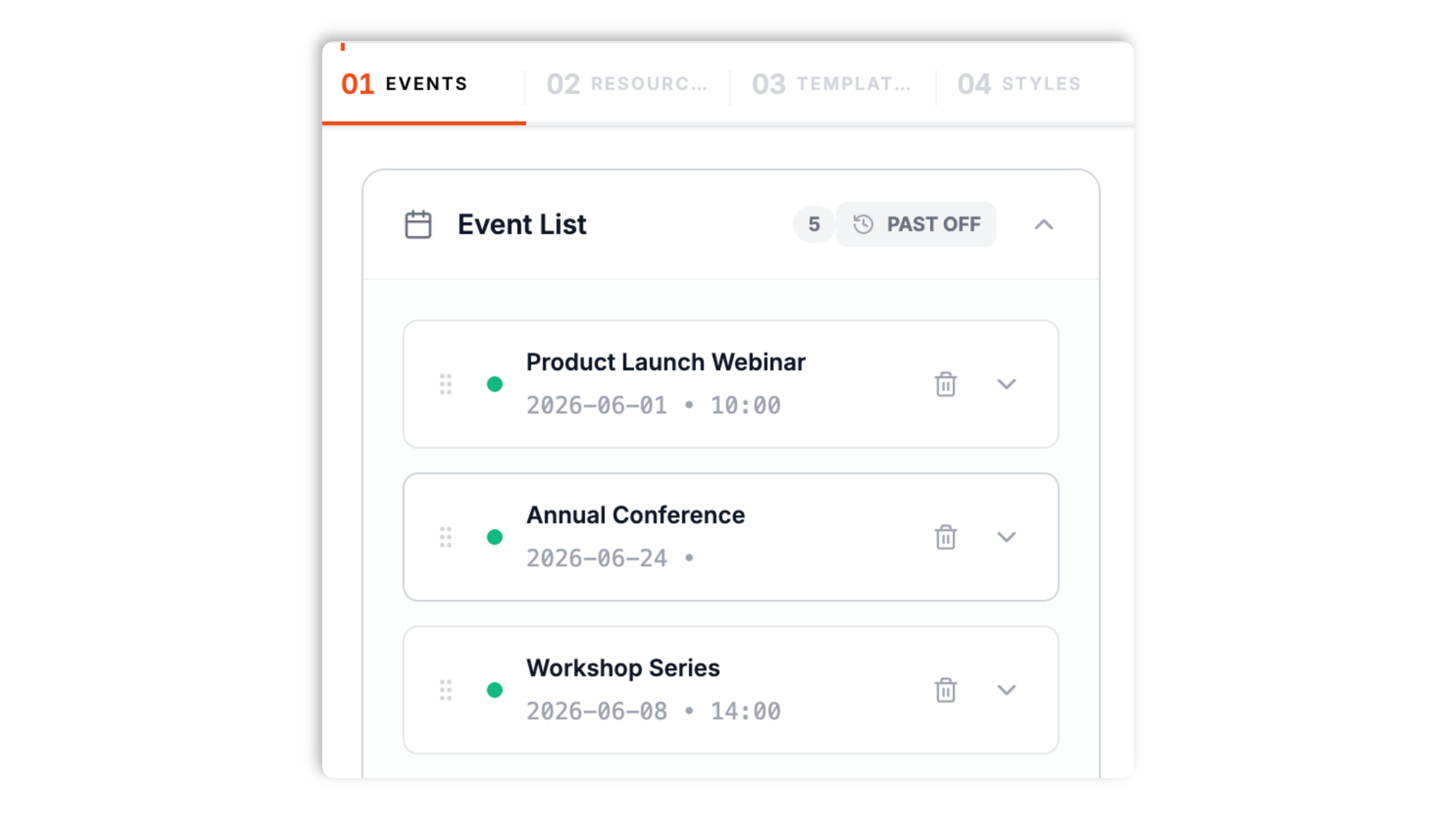 Poper event calendar builder showing the add-events panel with name, date, time, description, image, category, venue, and host fields