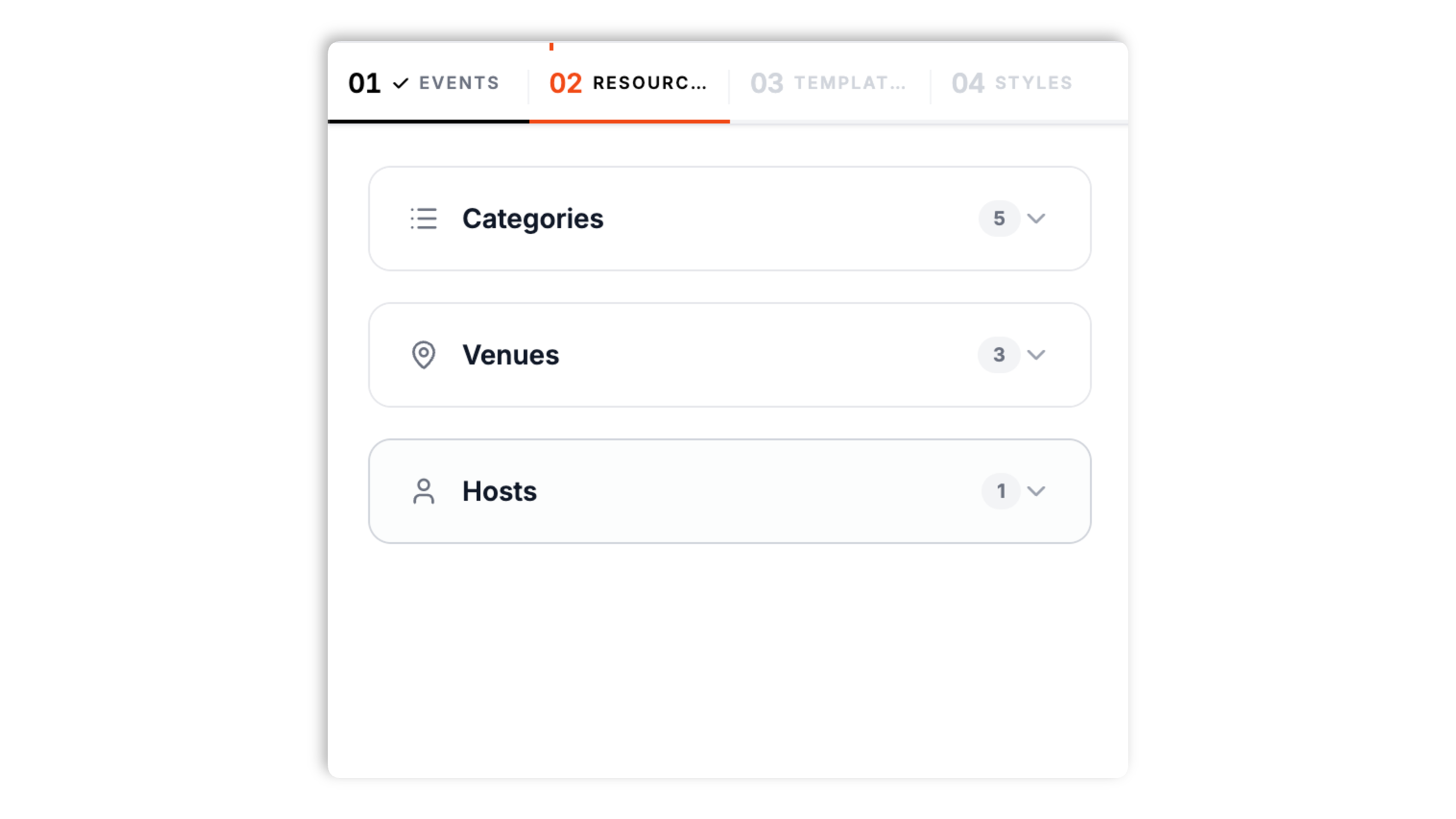 Poper event calendar Resources tab showing category, venue, and host lists with color swatches and address fields
