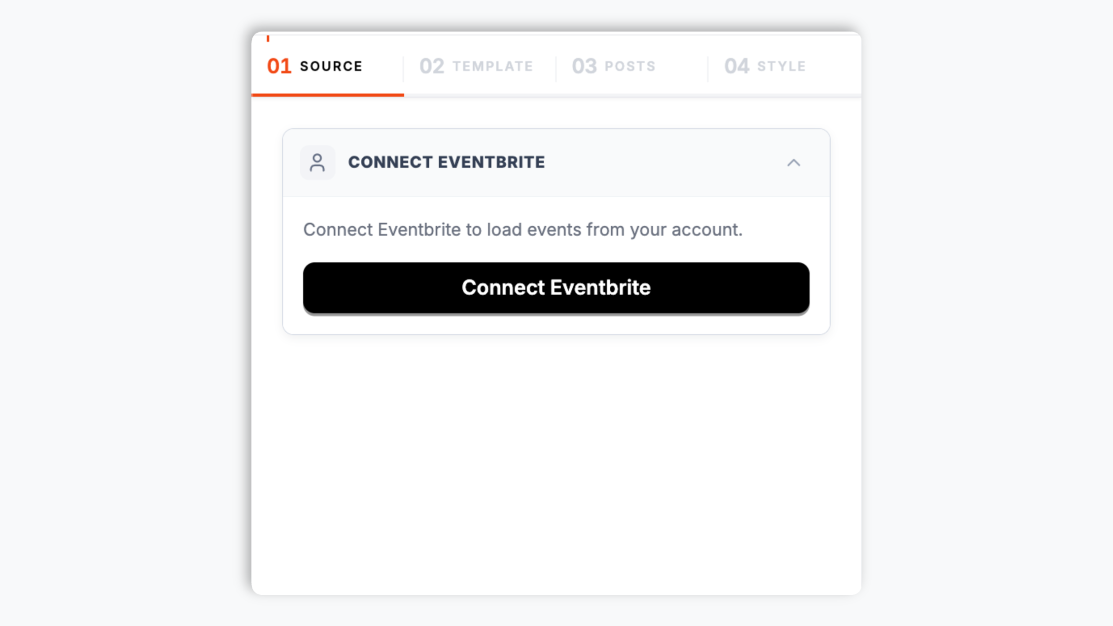 Poper widget builder showing Eventbrite organizer search with Acme Events autocomplete (eventbrite.com/o/acme-events) plus 47K attendees served stat and orange Connect button