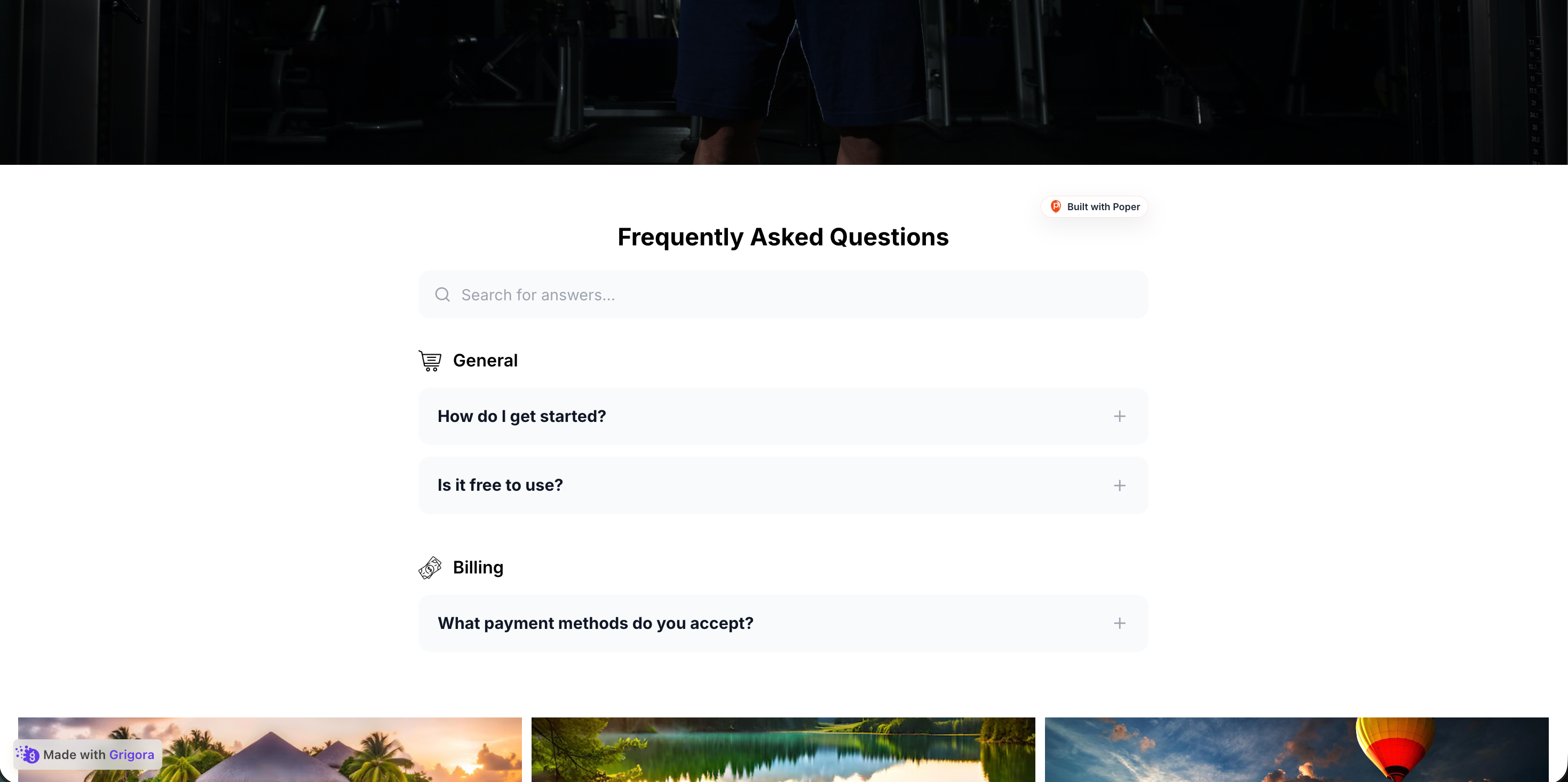 A SaaS site with an embedded Poper FAQ widget rendering grouped questions in a searchable accordion in a deep emerald and warm cream palette below the hero