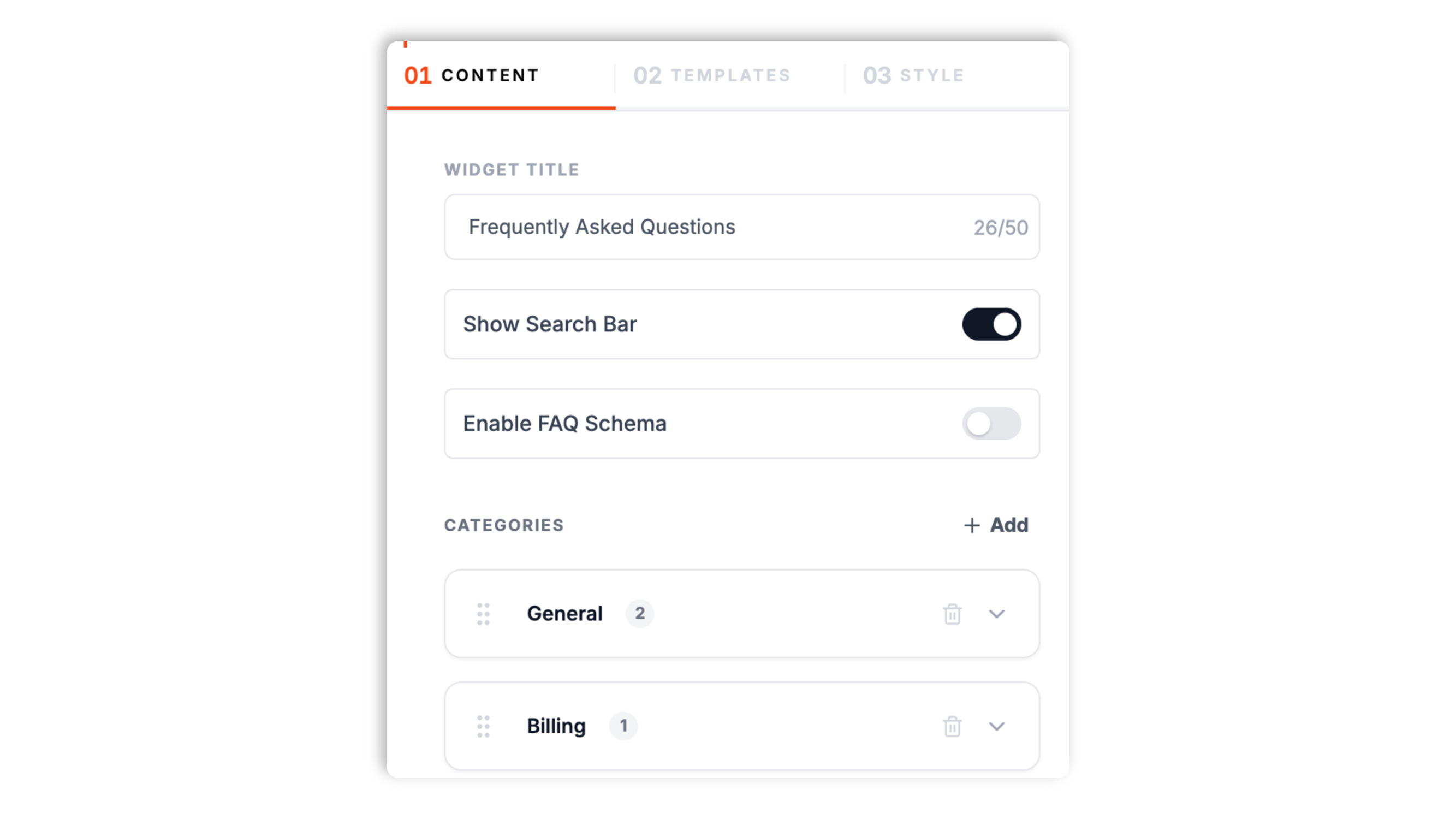 Poper FAQ builder showing editable question rows for refund, shipping, and cancellation grouped under category sections, with Add Category and Add Question buttons