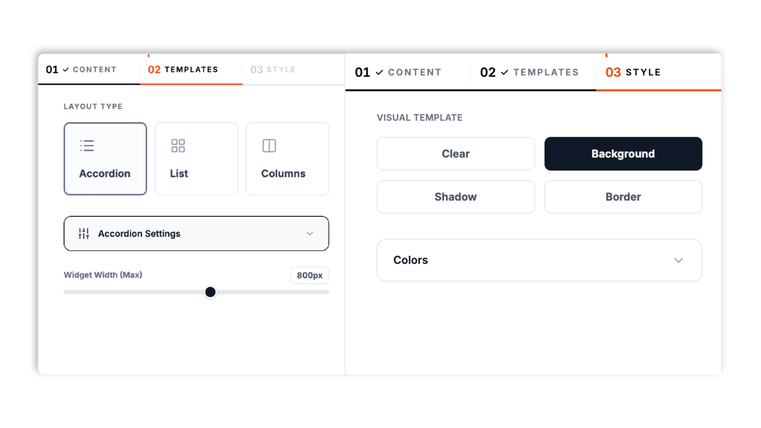 Poper FAQ layout picker showing the three layouts (Accordion, List, Columns), the Clear, Background, Shadow, and Border visual templates, and color controls