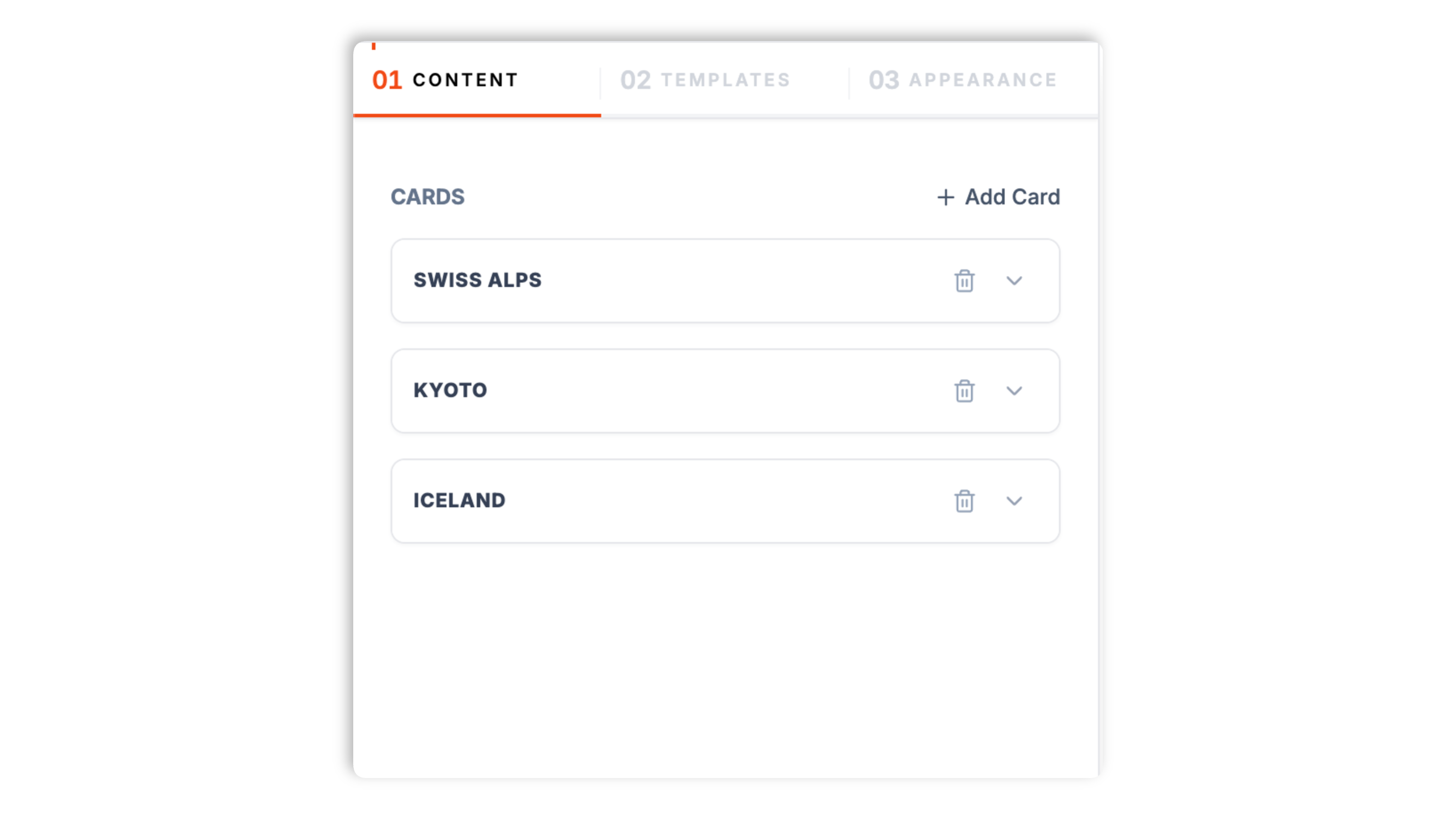 Poper flip cards builder with card-input zones each showing front title, subtitle, image, back title, back text, and a button-text-and-link field plus a coral Save button