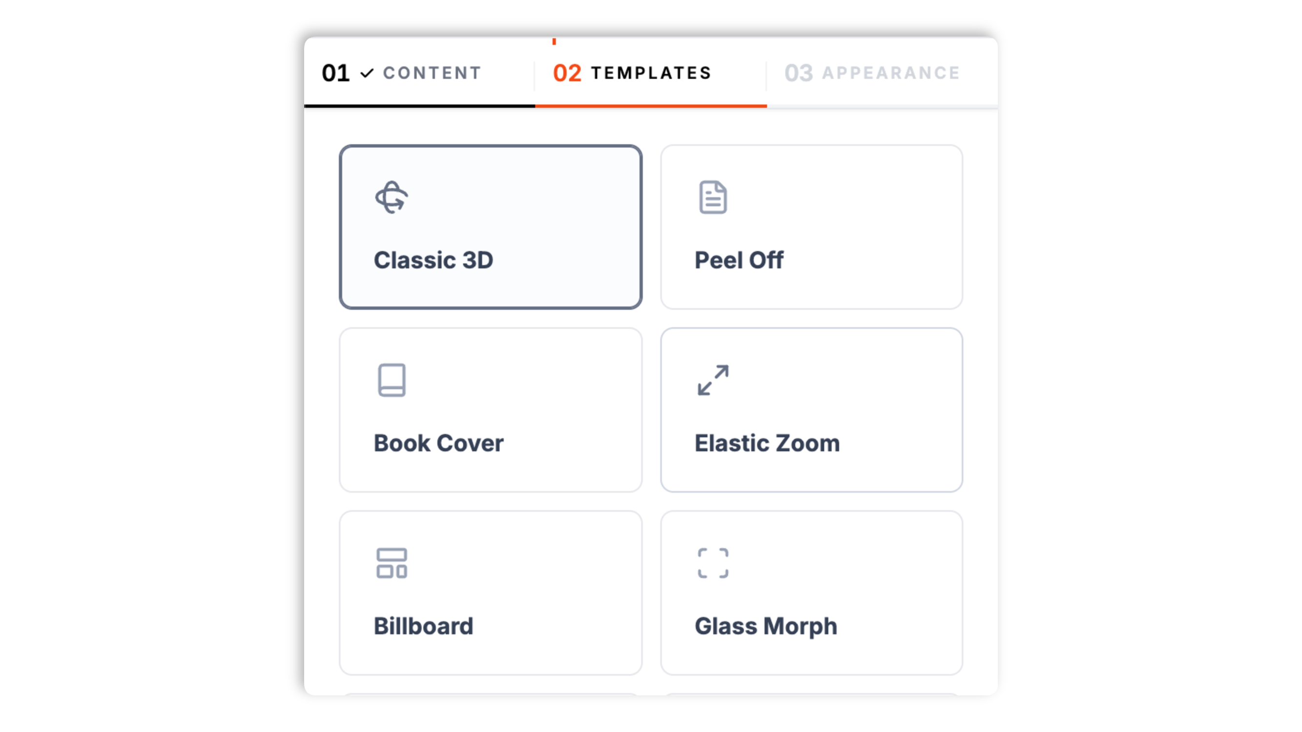 Flip template picker showing 12 thumbnails (Classic 3D, Peel Off, Book Cover, Elastic Zoom, Billboard, Glass Morph, Cyberpunk, Product Reveal, Poker Chip, Minimalist, Team Profile, Pricing Flip) plus a click-versus-hover trigger toggle and a horizontal-versus-vertical direction toggle