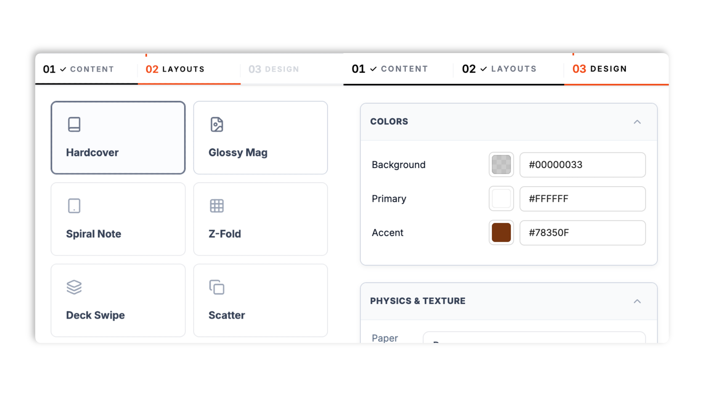 Layout picker showing flipbook flip styles including Hardcover, Glossy Mag, Z-Fold, Cube, and Cyber Slate with brand color swatches and texture controls
