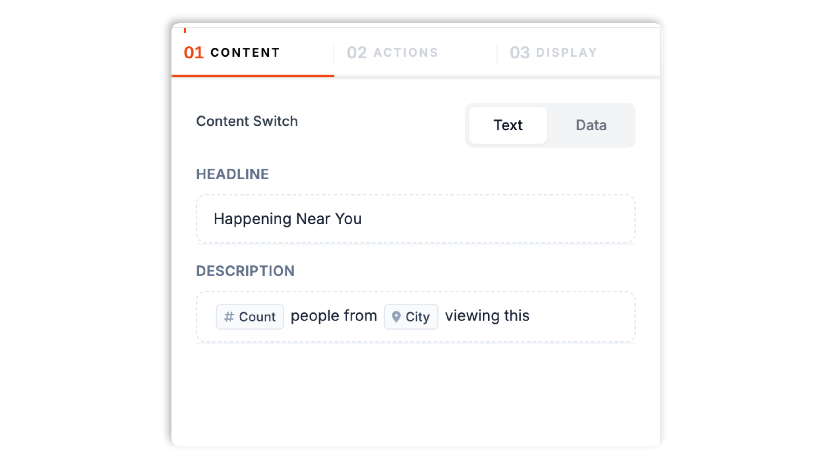 Poper builder showing the geolocation activity content panel with a headline field, a description field, and city and count tokens available to insert
