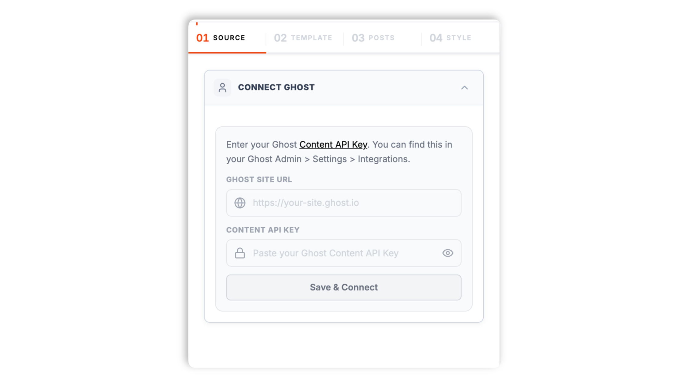 Poper widget builder connecting to Acme Letter at acmeletter.ghost.io with a publication URL, Content API key, and dark navy Connect button
