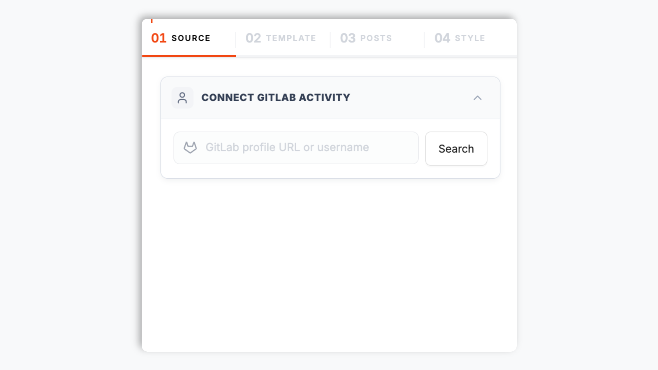 Poper widget builder showing the GitLab source input with gitlab.com/acme-dev, tanuki fox avatar, and a GitLab orange Search button