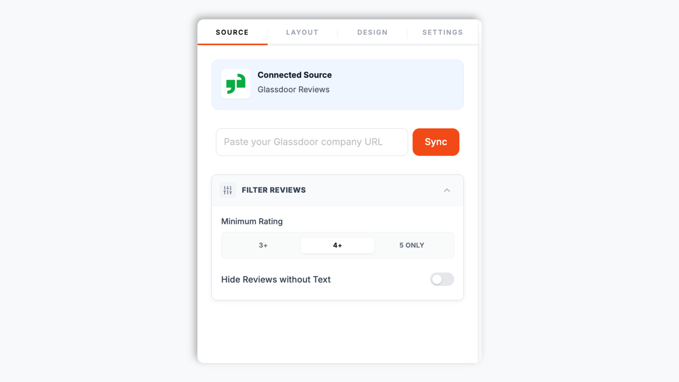 Poper widget builder with the Glassdoor company URL pasted into the source field, showing the fetched 4.5-star rating and recent employee reviews