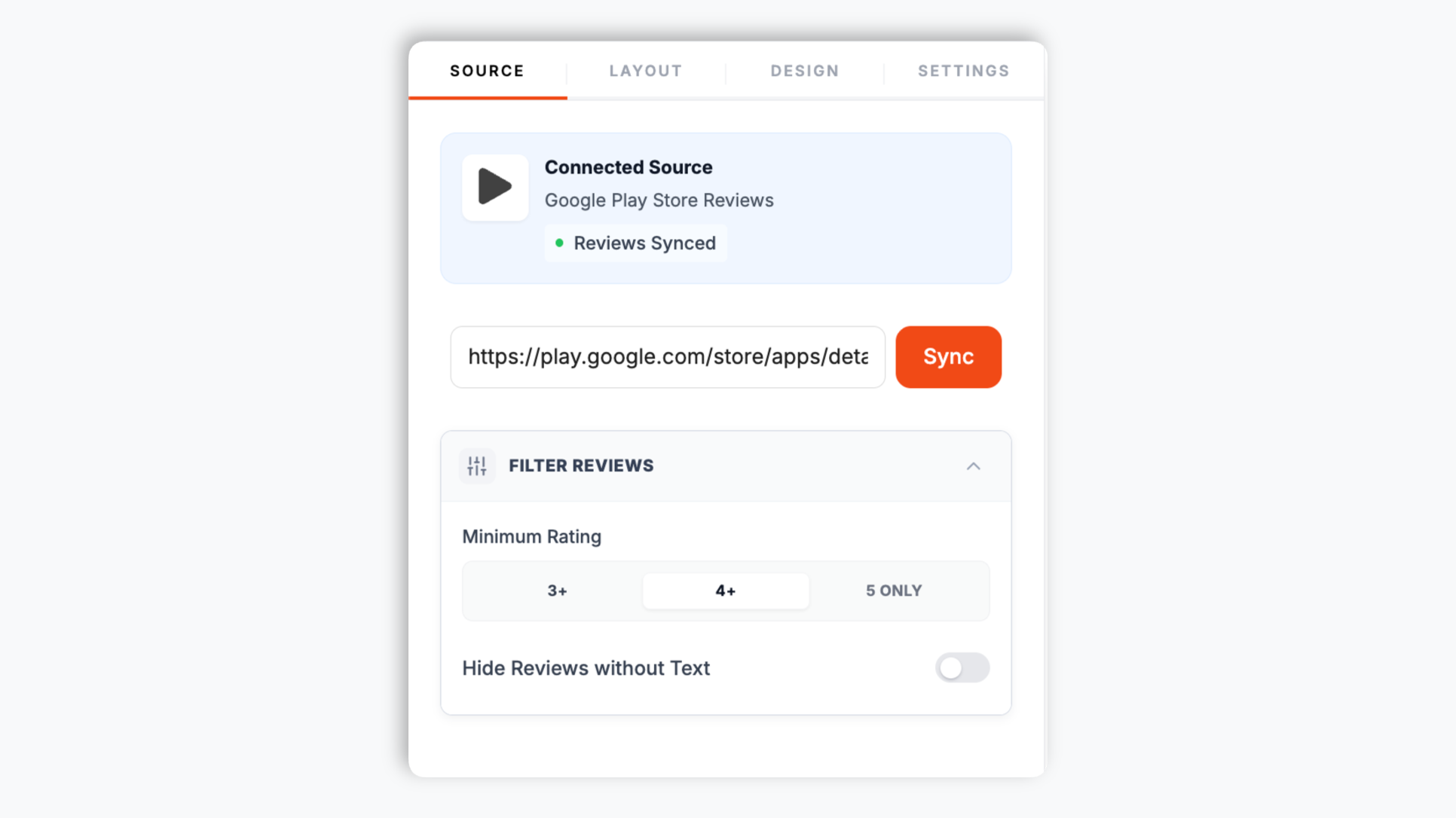Poper widget builder source tab with the Google Play Store URL pasted into the input field showing Acme Notes reviews and a 4.6 star rating ready to load