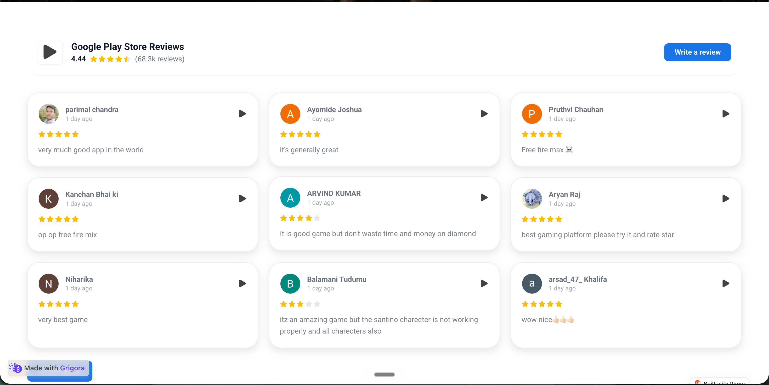 Acme Notes branded app marketing site at acmenotes.app with Material You hero, Get it on Google Play button, and the embedded Poper widget showing the same 3 Play Store reviews in deep teal and warm amber palette