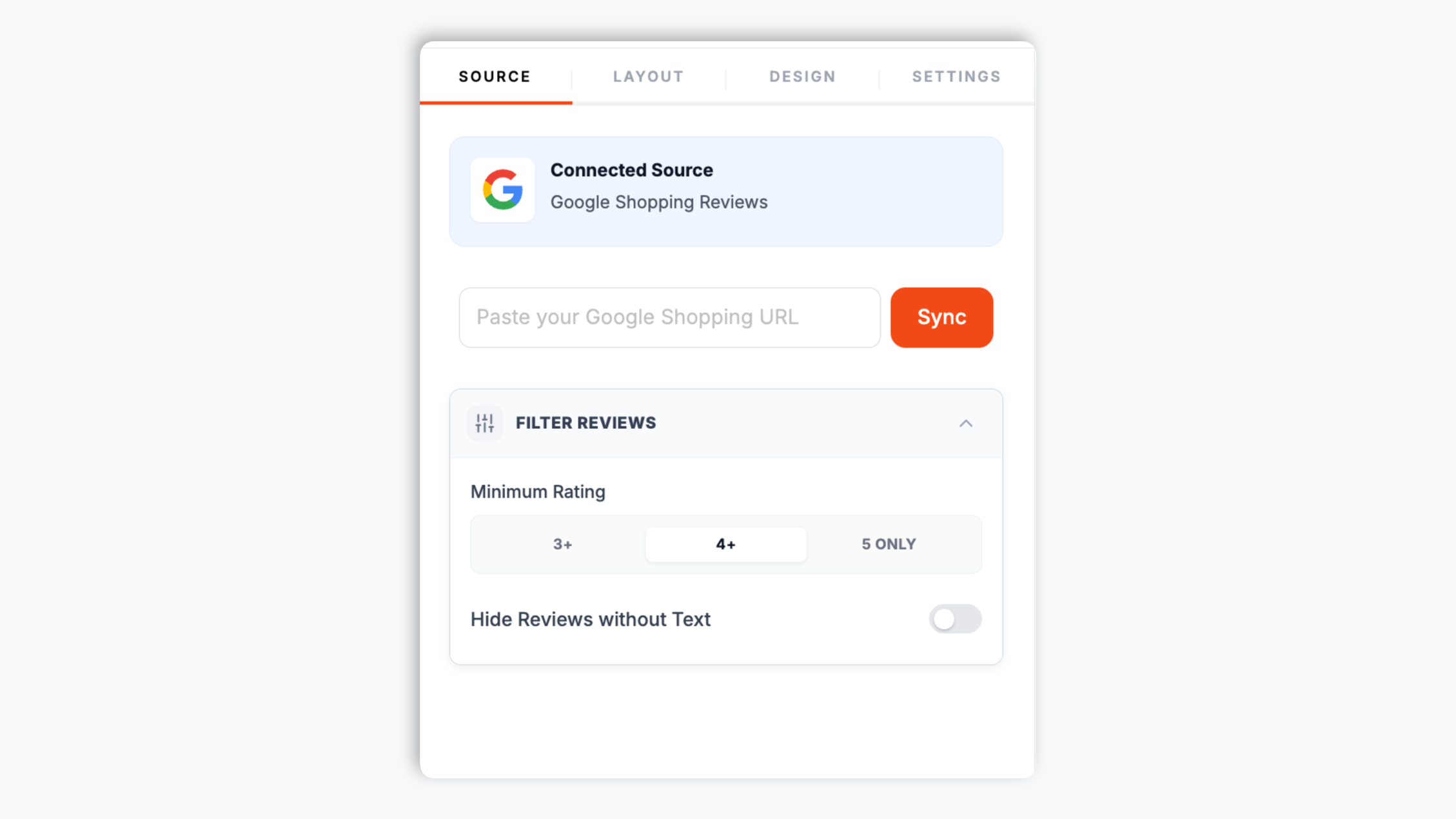 Poper widget builder showing the Google Shopping source field with a google.com/shopping seller page URL pasted in and a Fetch reviews button