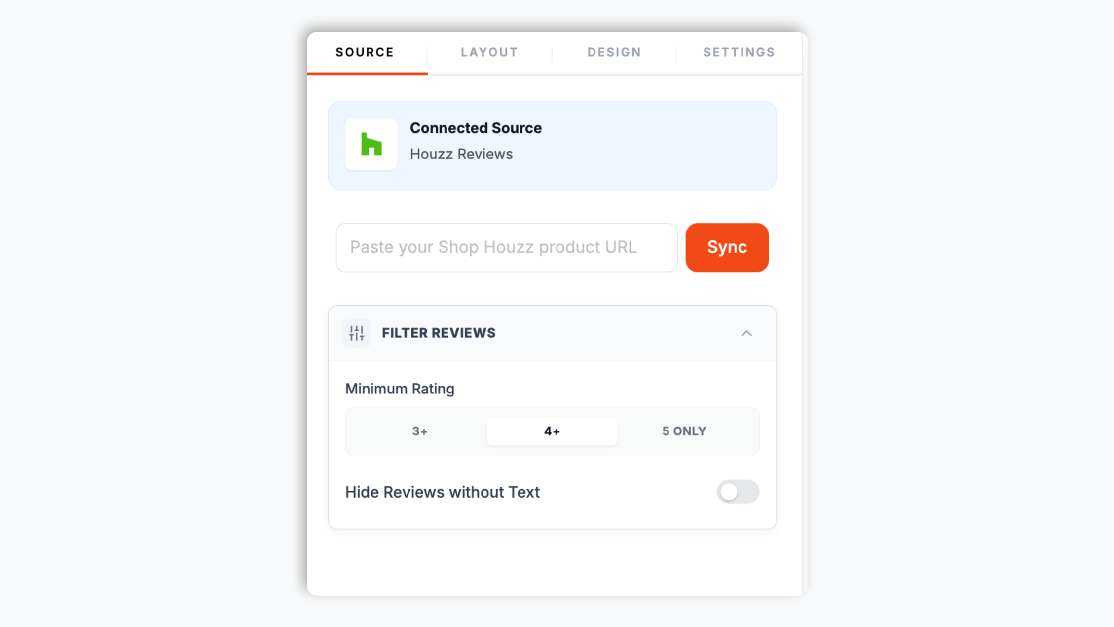 Poper widget builder showing the Houzz source input with a pasted Houzz URL and a Sync button