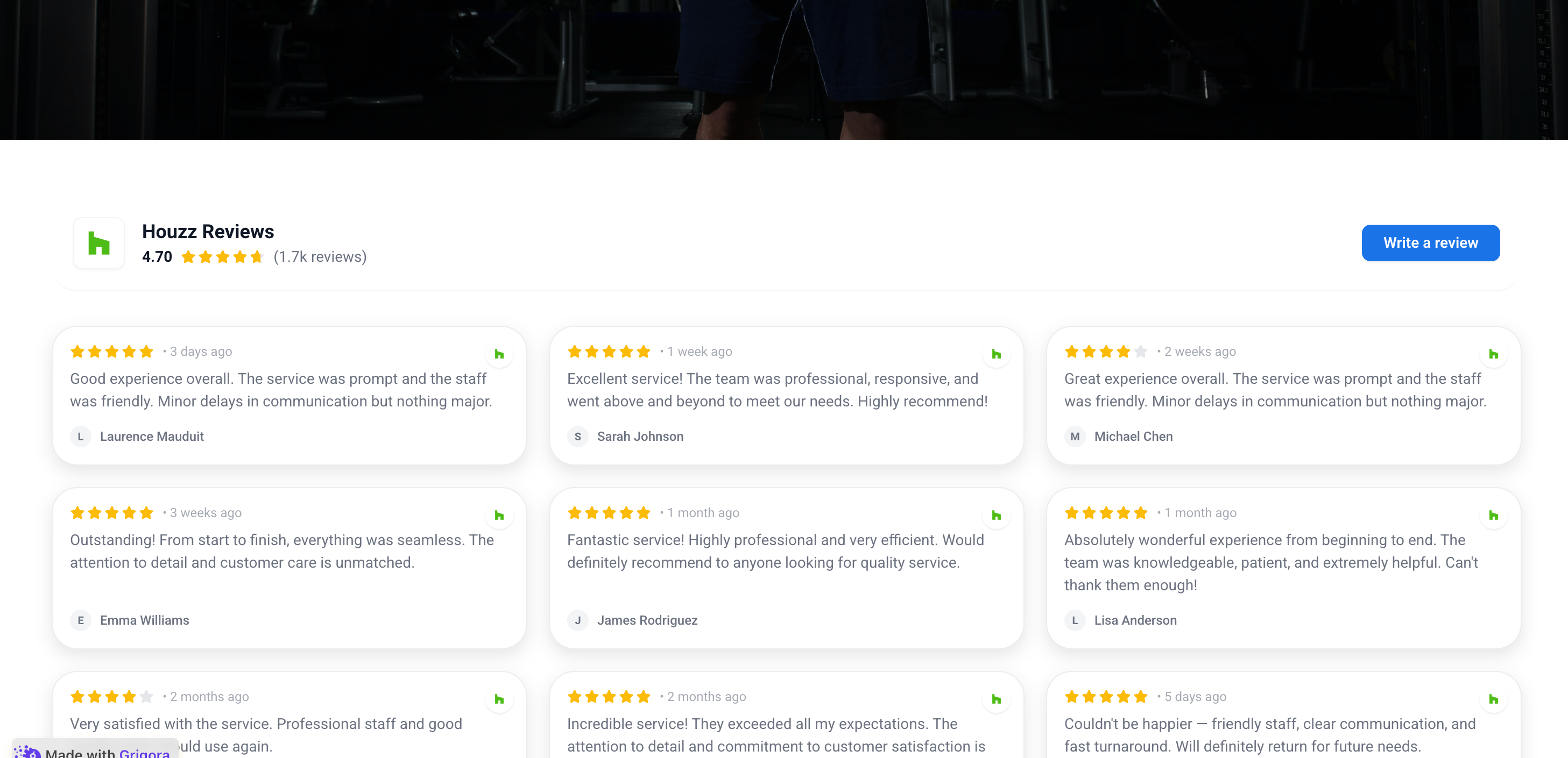 Atlas Interiors' own portfolio site at atlasinteriors.studio with the Poper Houzz reviews widget embedded inline showing the same 3 client project reviews in a soft taupe and sage palette