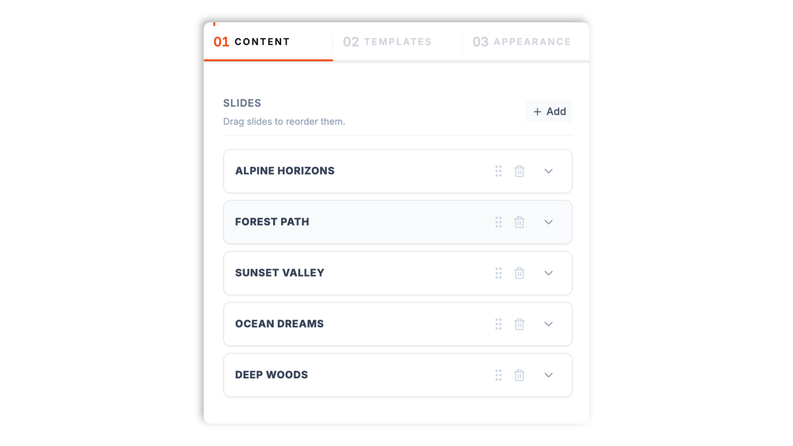 Poper builder slide manager showing carousel slide thumbnails with reorder handles and title and description fields