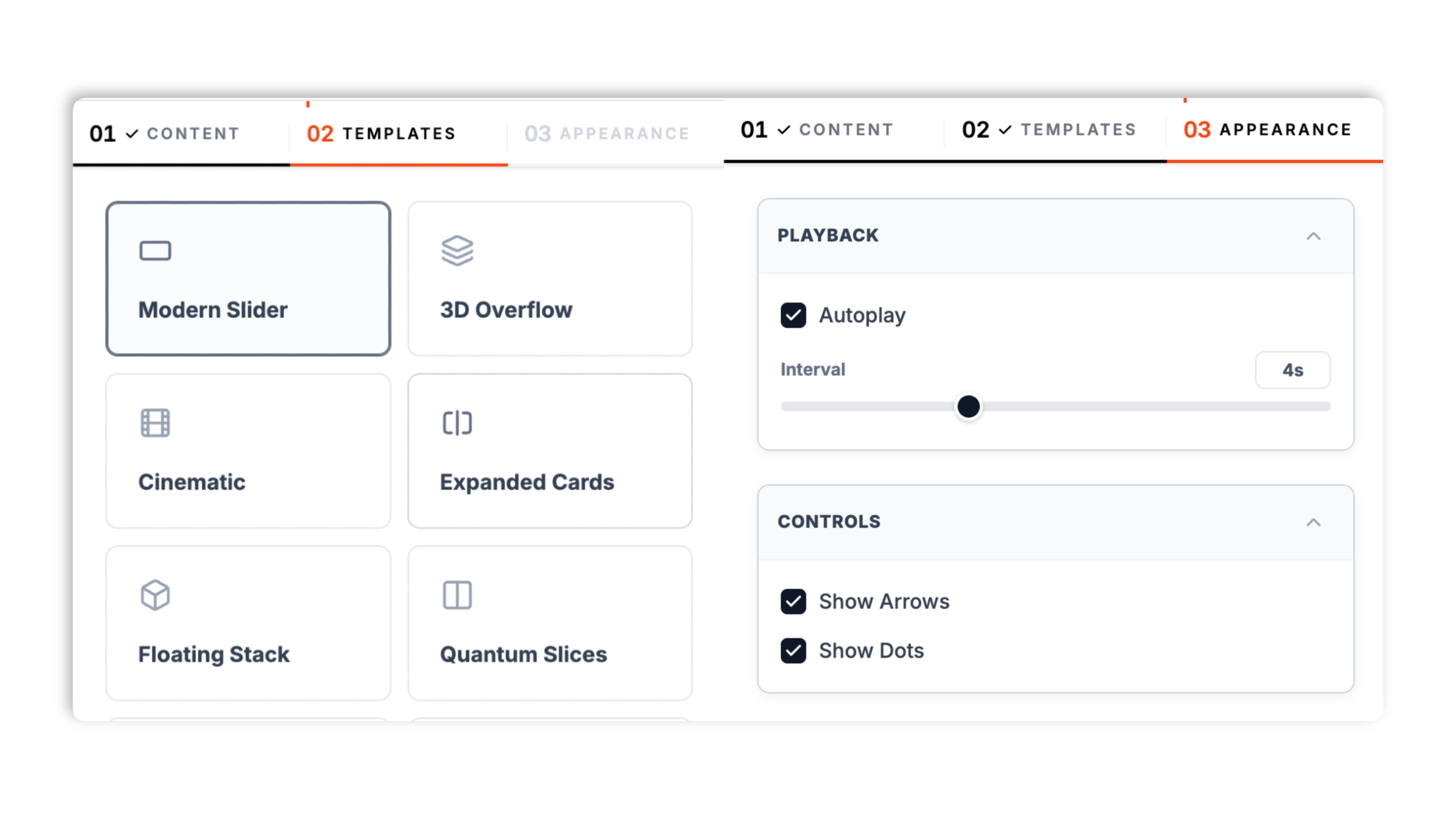 Layout picker showing the eight carousel layouts with autoplay, interval, and layout-dependent navigation controls
