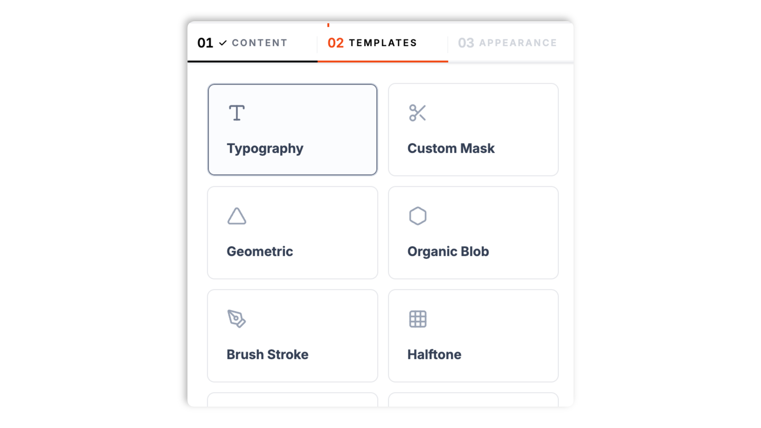 Mask style picker showing thumbnails for Typography, Geometric, Organic Blob, Honeycomb, Film Strip, and other masking styles