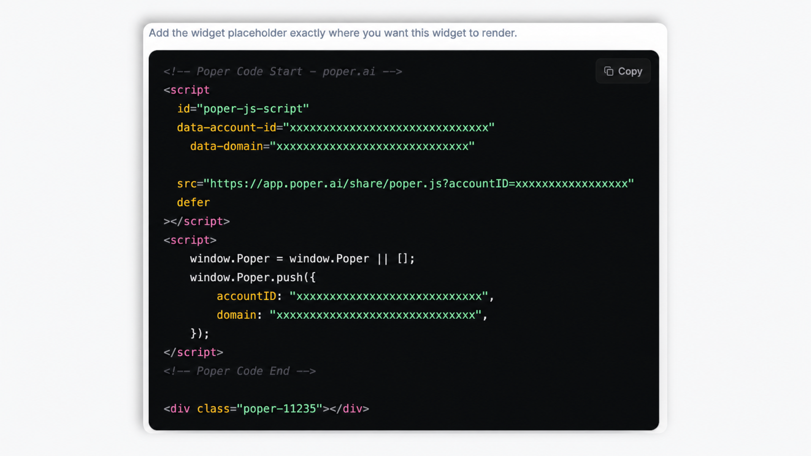One-line embed snippet shown in a code editor with an orange Copy button and platform badges for WordPress, Shopify, Wix, Squarespace, and Webflow