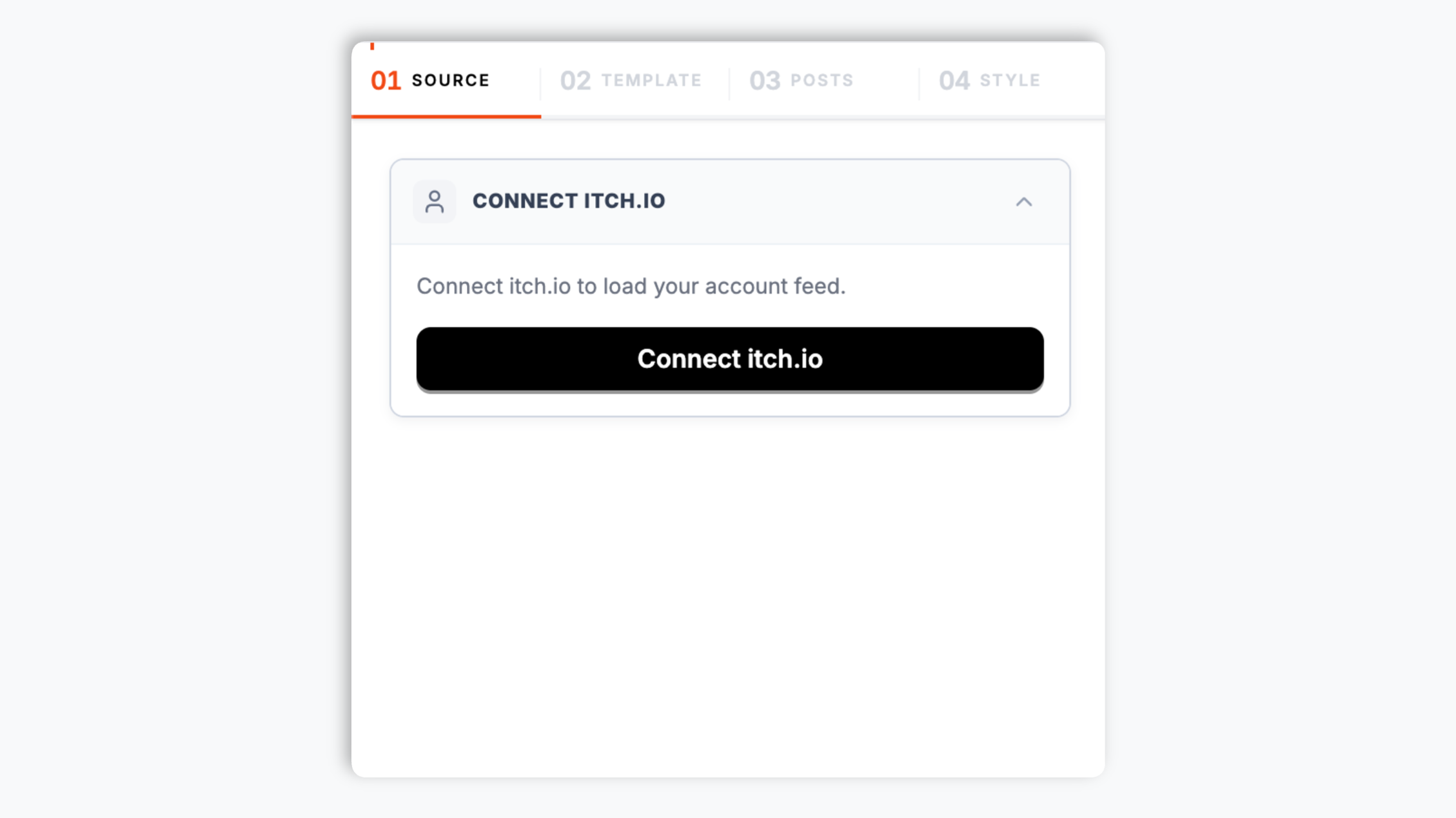 Poper widget builder showing the itch.io creator search input with AcmeJam autocomplete to acmejam.itch.io, 47 jam entries, Featured badge and red itch.io Connect button