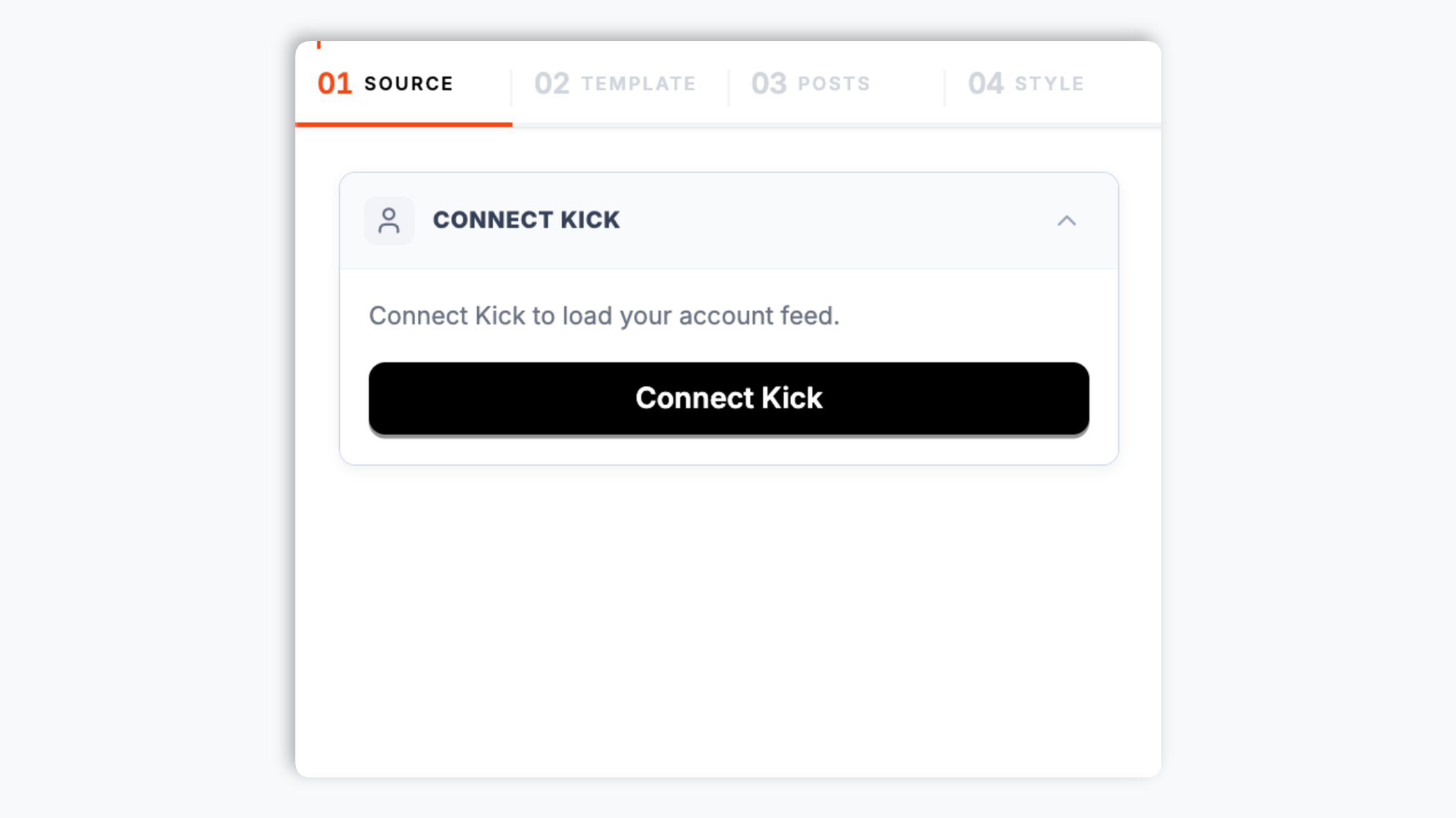 Poper builder Connect Kick screen with a Connect Kick button that loads the connected account feed after OAuth