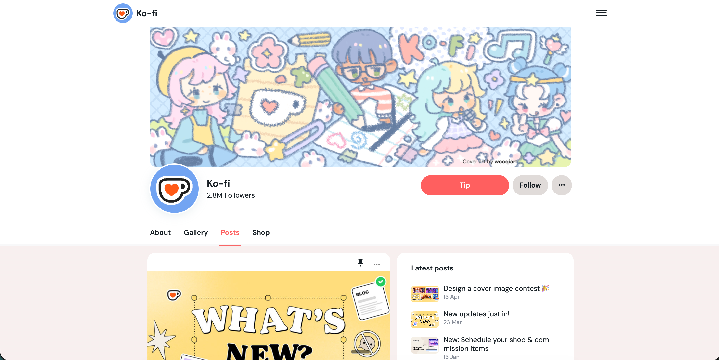 Ko-fi.com creator page for Acme Studio showing the Ko-fi red logo, creator bio, and recent public updates