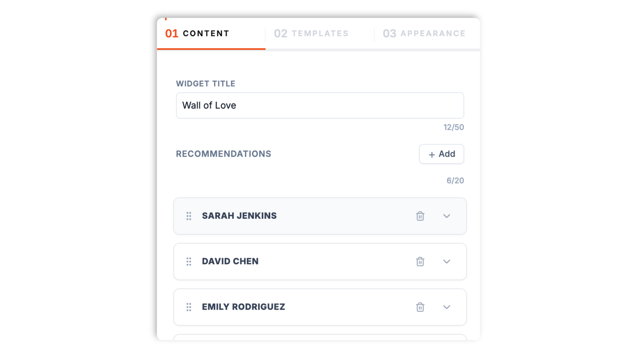Poper widget builder showing a list of LinkedIn recommendations being added, each with a name, headline, and recommendation text field