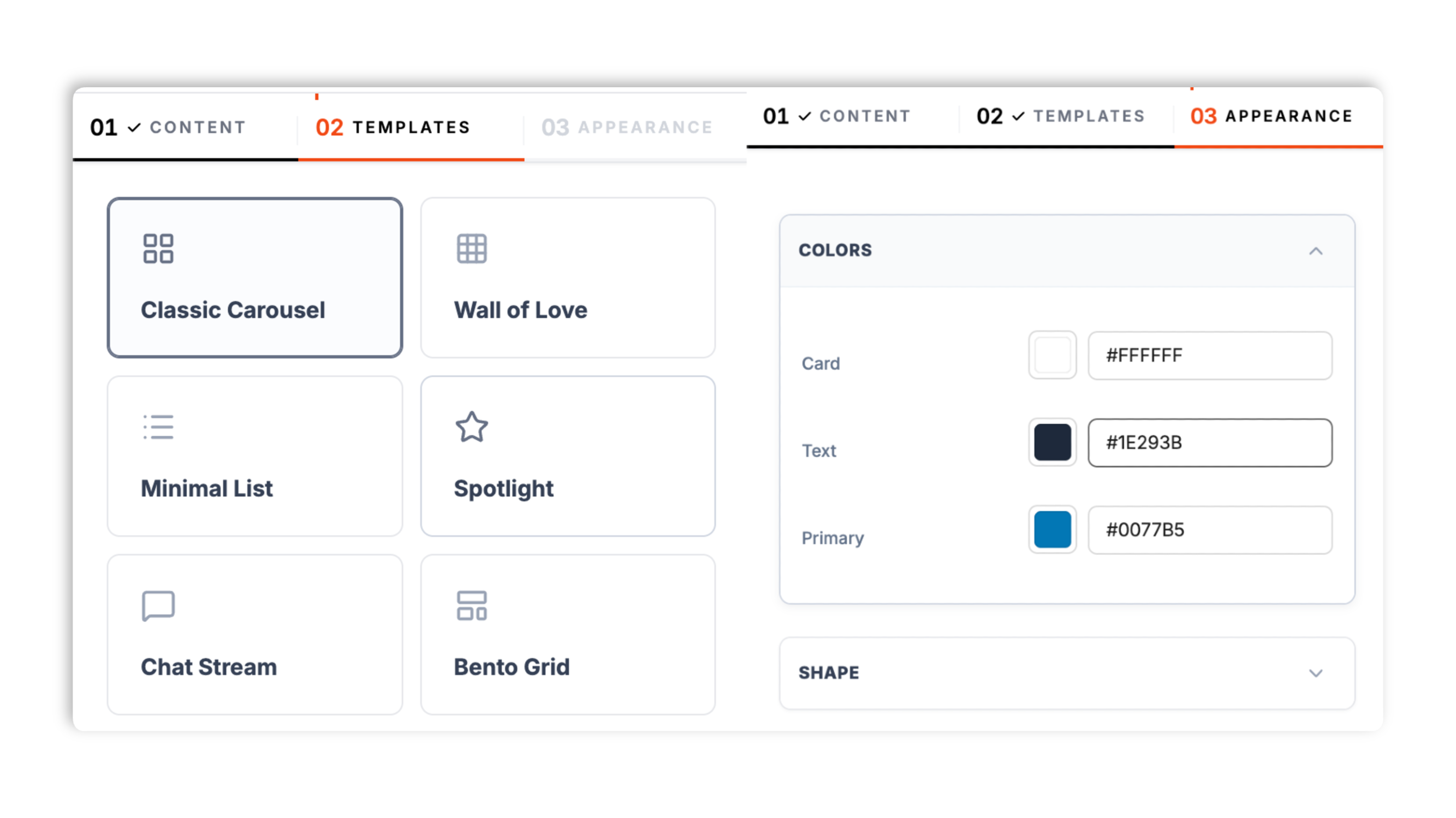 Layout picker showing the eight LinkedIn recommendation layouts plus brand color, corner radius, and shadow controls
