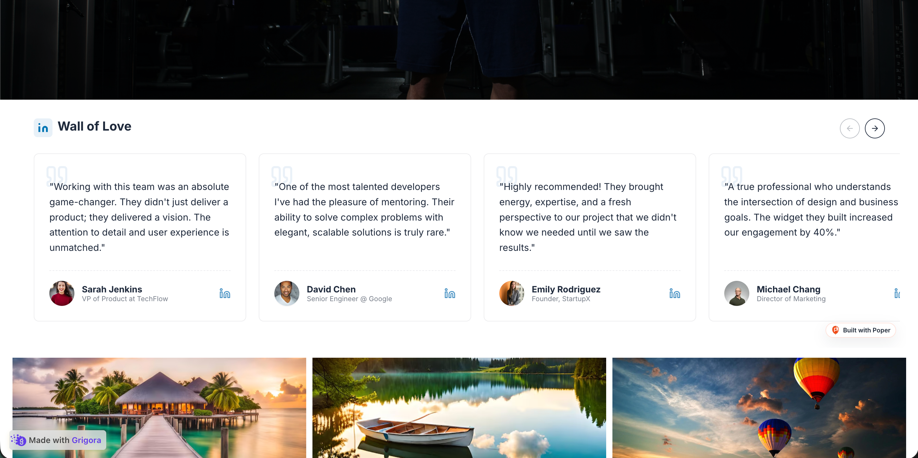 Lisa Acme portfolio site lisaacme.consulting showing the navigation, a Strategy consultant Brooklyn hero, and the embedded Poper widget rendering three LinkedIn recommendations in a deep-rose and warm-cream palette