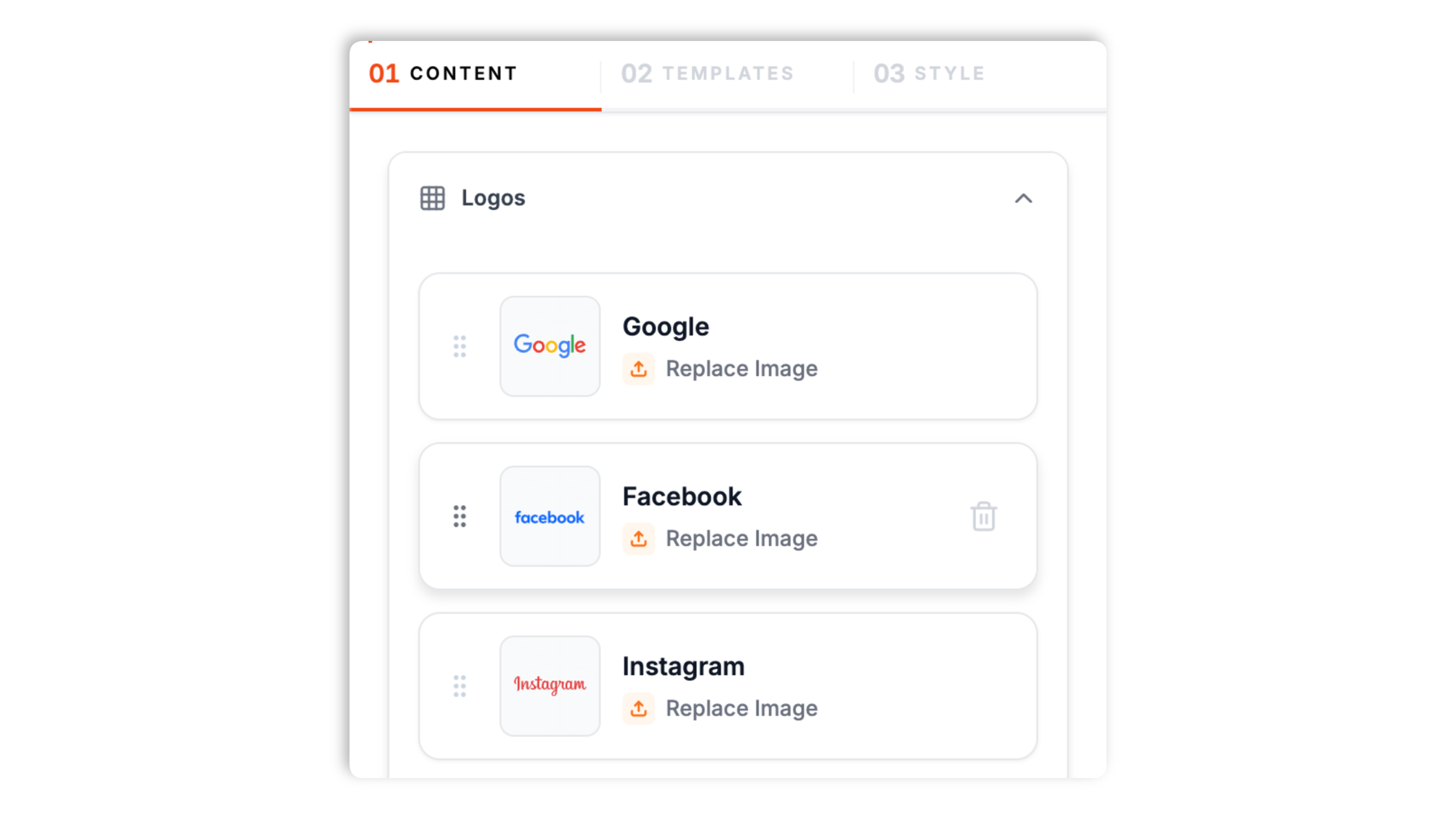 Poper logo slider builder with logo upload zones in a grid, drag-and-drop indicator highlighted in gold, and a charcoal Connect button