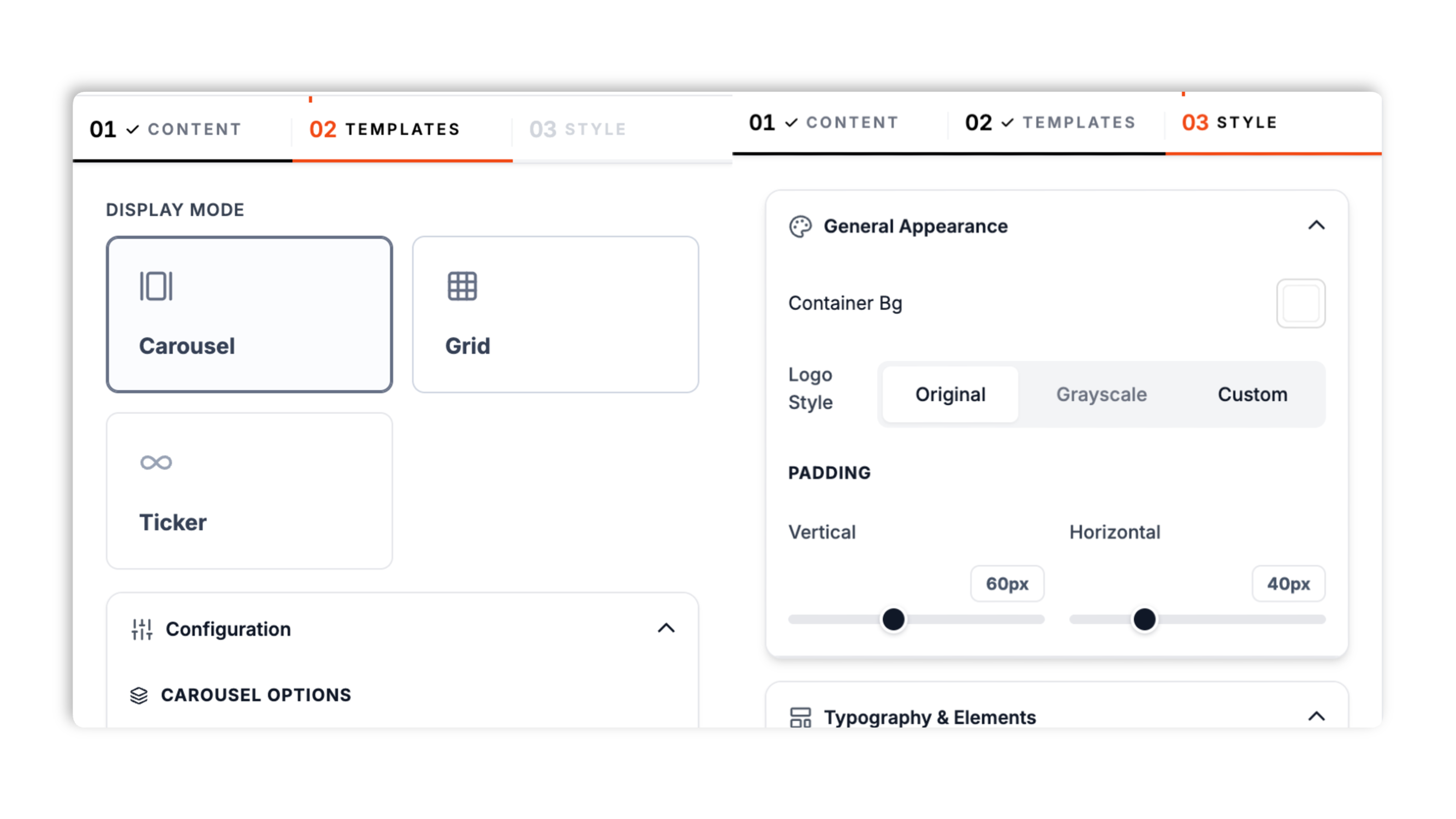 Layout picker showing 3 logo slider layouts (Carousel, Grid, Ticker) plus logo style segmented control and charcoal, cream, and gold brand controls