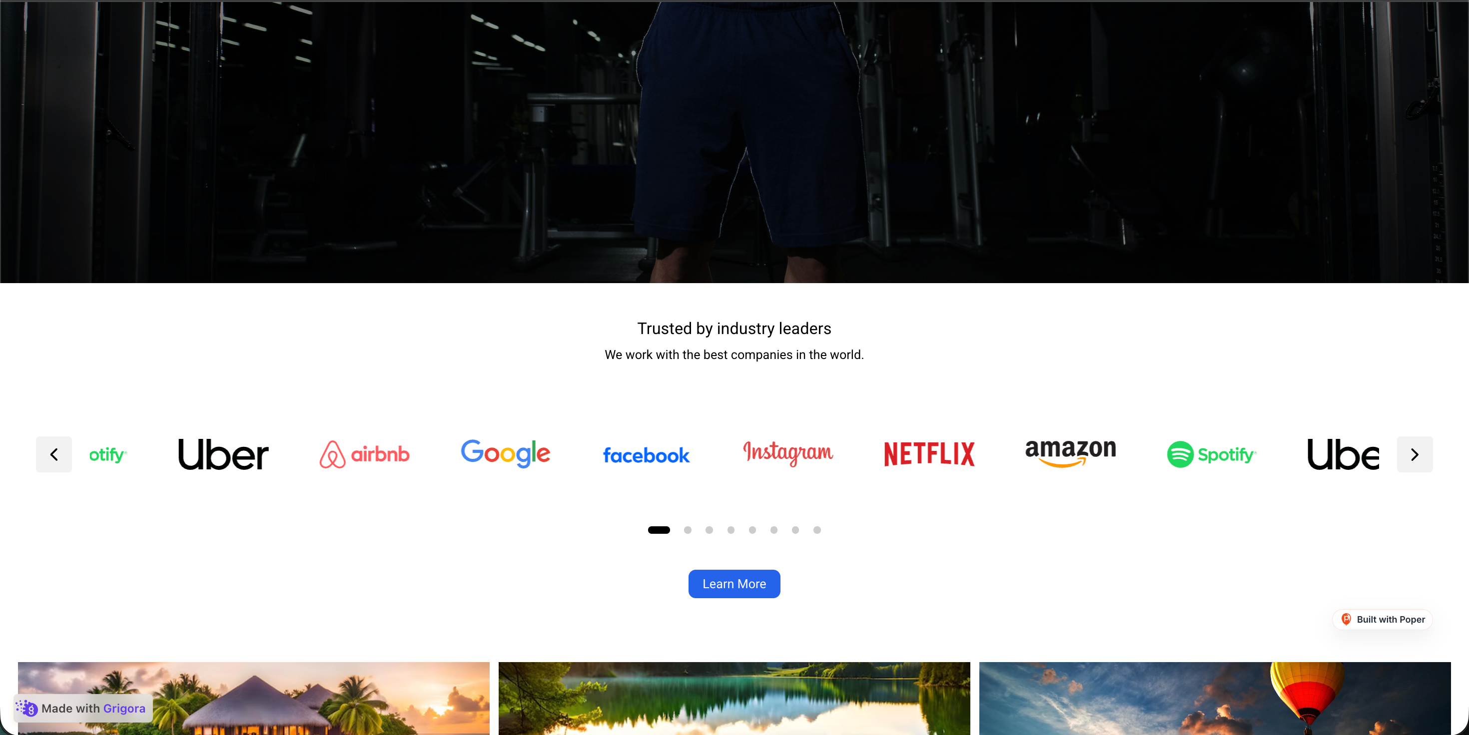 A B2B SaaS landing page with the Poper logo slider embedded mid-fold: a deep emerald and warm cream palette and client logos in a continuous scrolling ticker under a TRUSTED BY 11,000+ TEAMS eyebrow