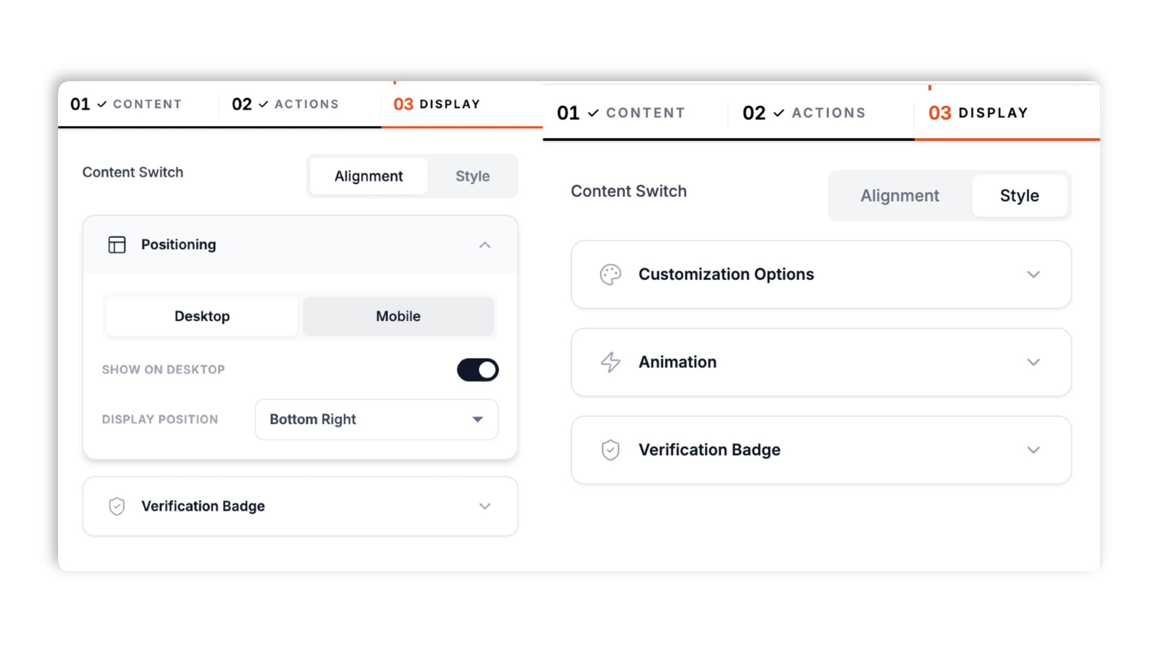 Low stock widget styling panel with color swatches, font picker, shadow preset options, and desktop and mobile position controls