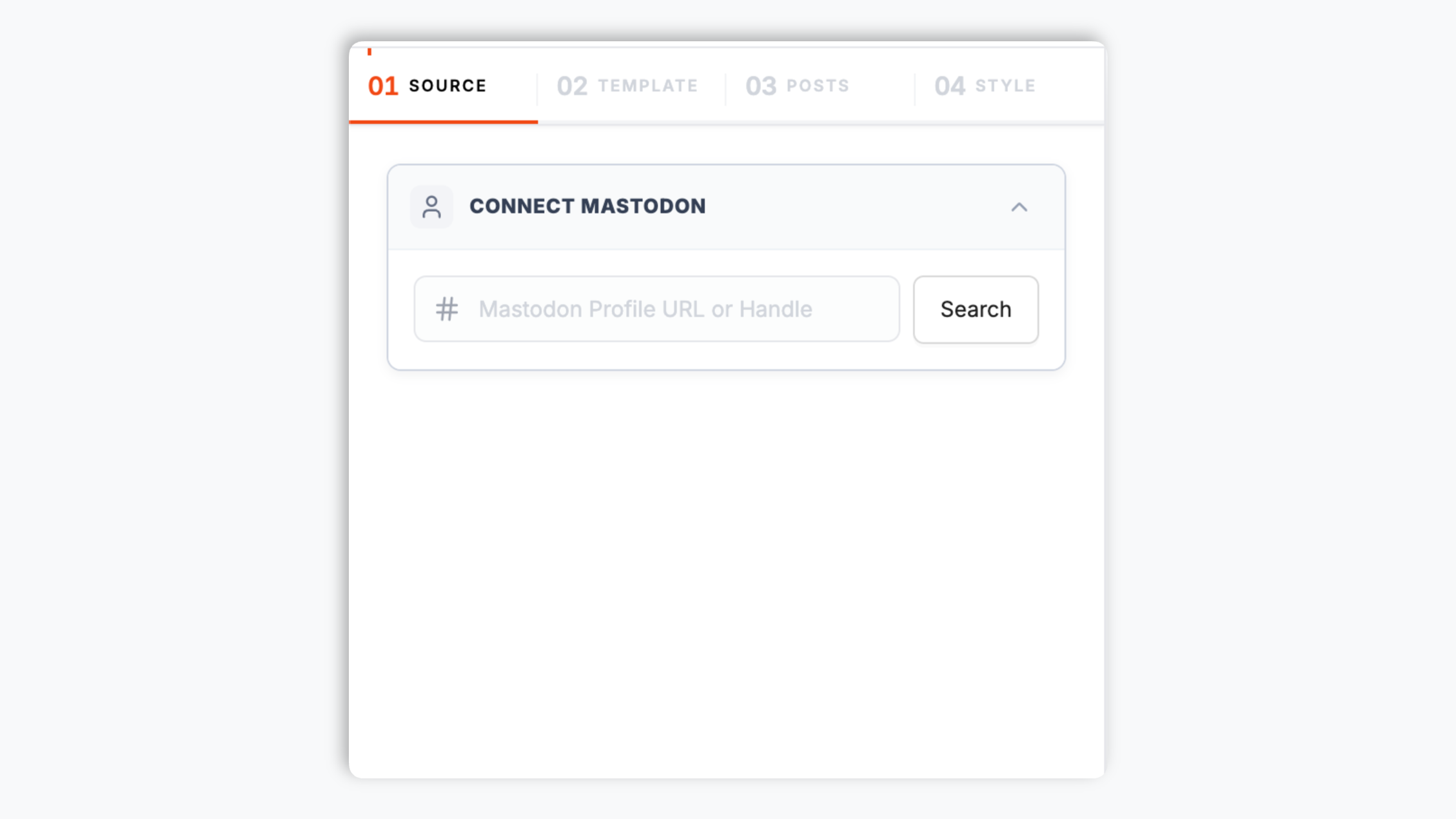 Poper widget builder showing the Mastodon handle search resolving @acme@mastodon.social to mastodon.social/@acme with follower count, the Mastodon mascot, and a purple Connect button