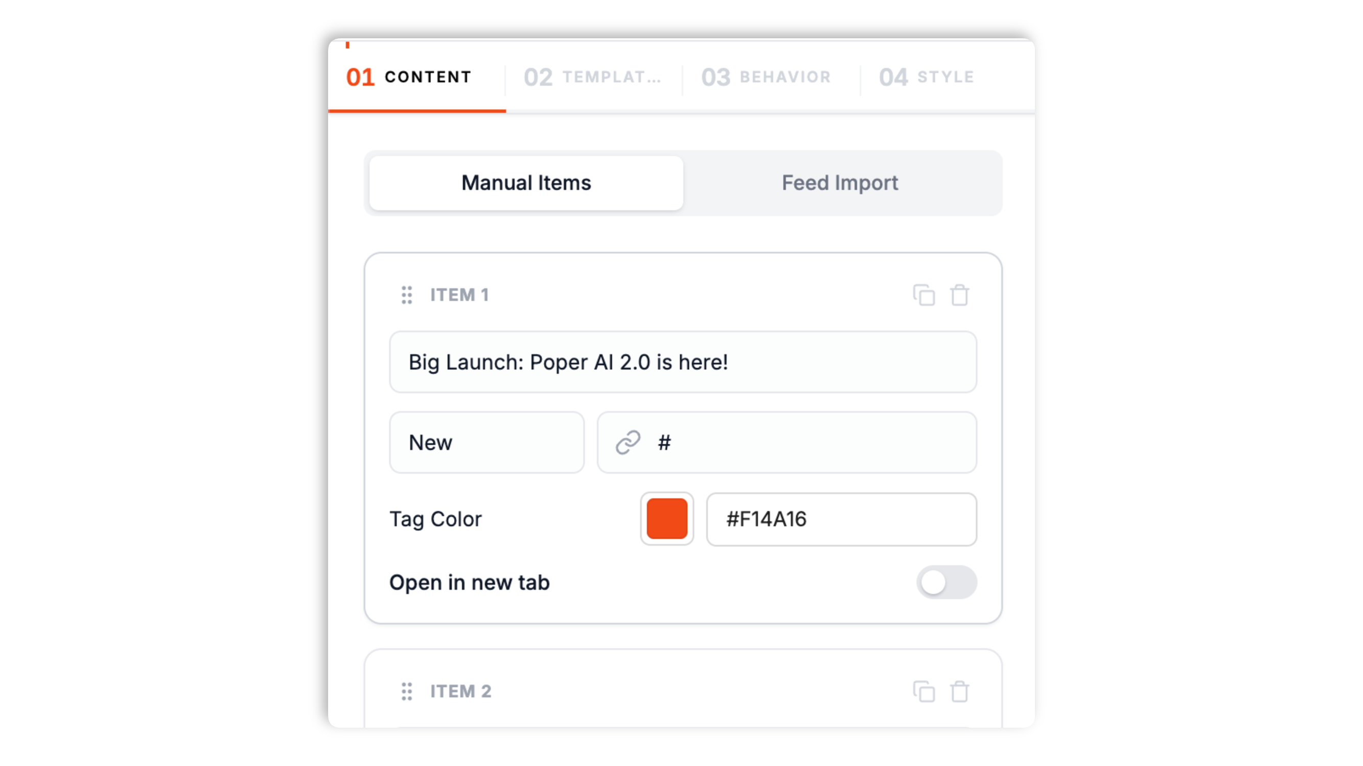 News Ticker builder showing the content source picker with a feed URL field, manual entries list, and header label and icon controls