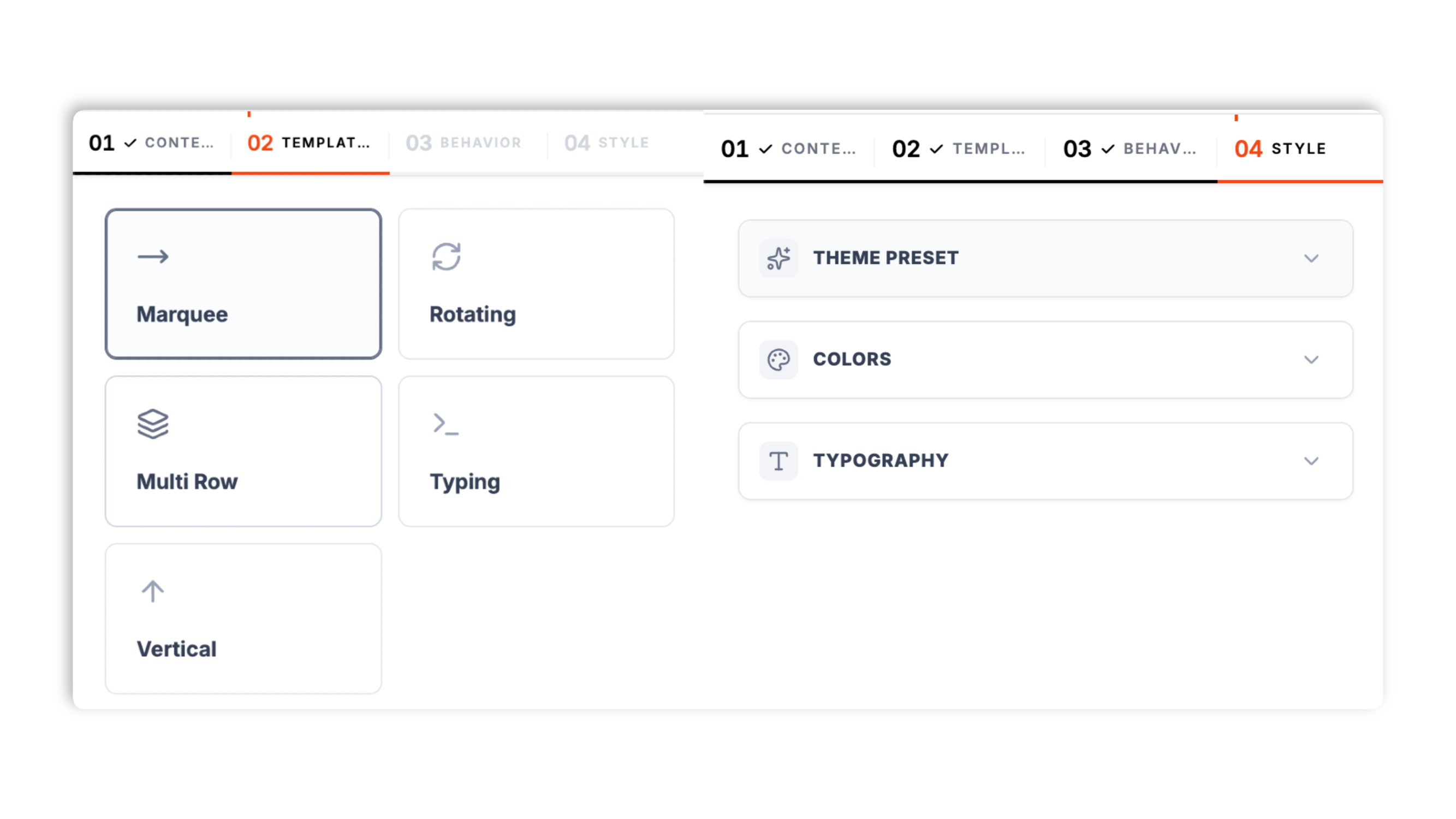 Layout picker showing 5 ticker layout thumbnails (Marquee, Rotating, Multi Row, Typing, Vertical) plus a speed slider control