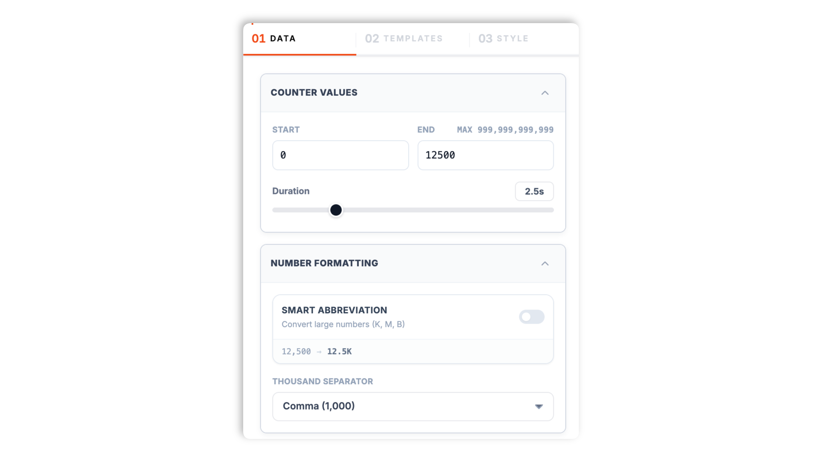 Poper number counter builder showing the Data tab with start value, end value, duration, prefix, suffix, label, and separator fields