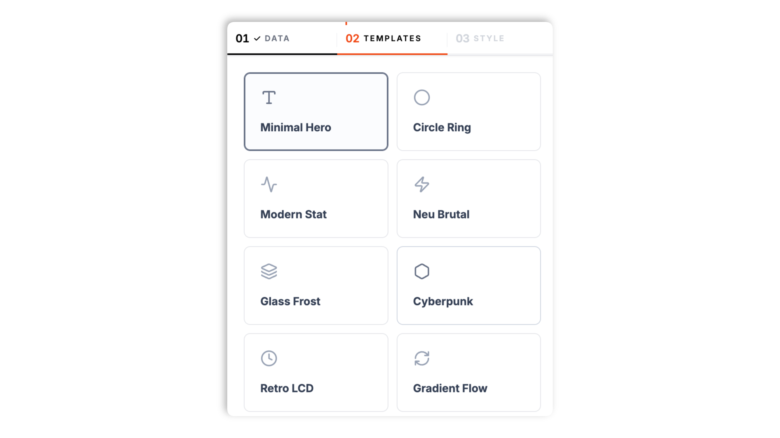 Layout picker showing twelve number counter layouts (Minimal Hero, Circle Ring, Modern Stat, Neu Brutal, Glass Frost, Cyberpunk, Retro LCD, Gradient Flow, Isometric 3D, Pill Badge, Card Mockup, Split View) plus brand color controls