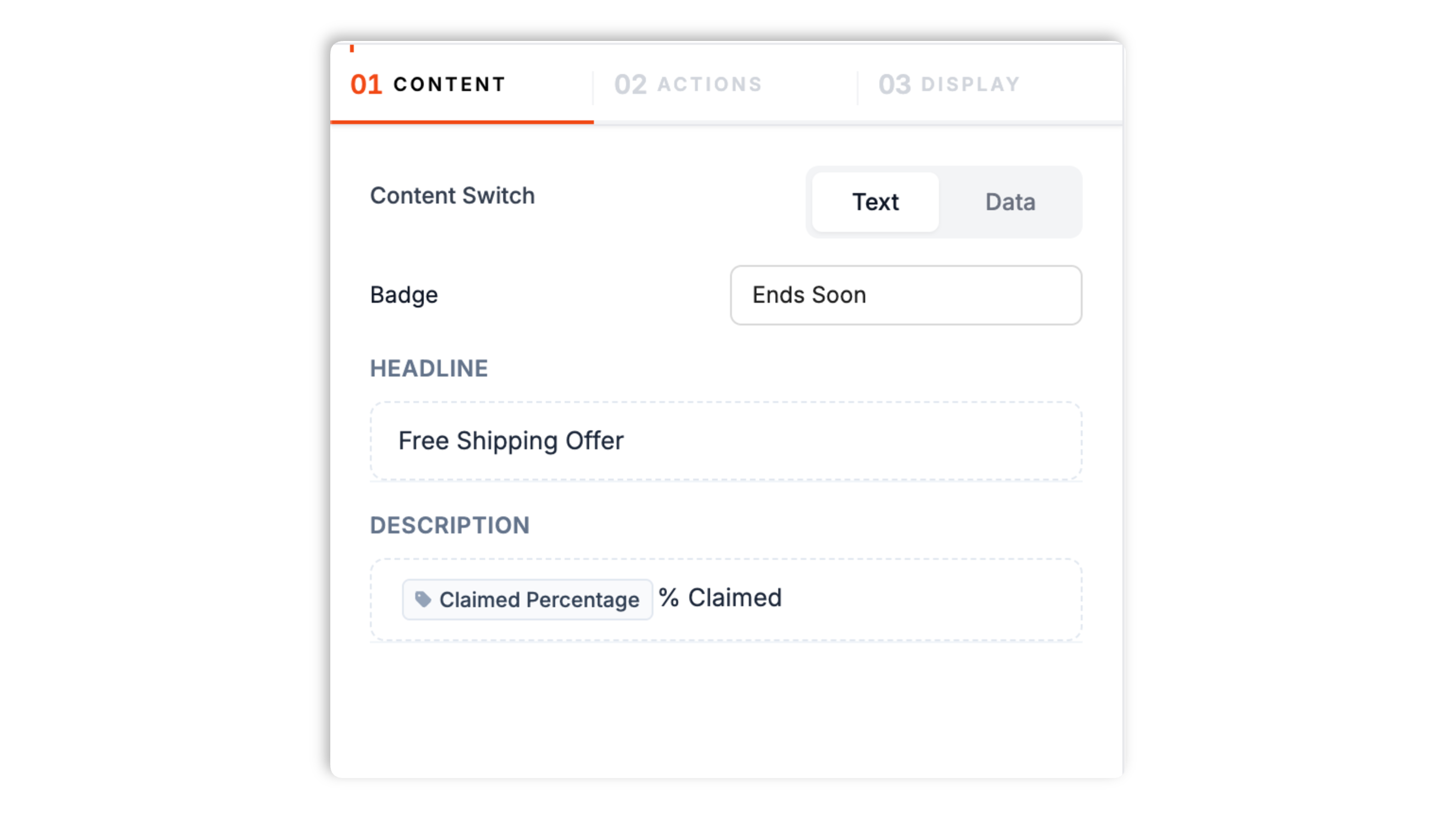 Poper builder showing the offer progress content fields: badge label, headline, description with a claimed-percent token, countdown time, and starting claimed percentage