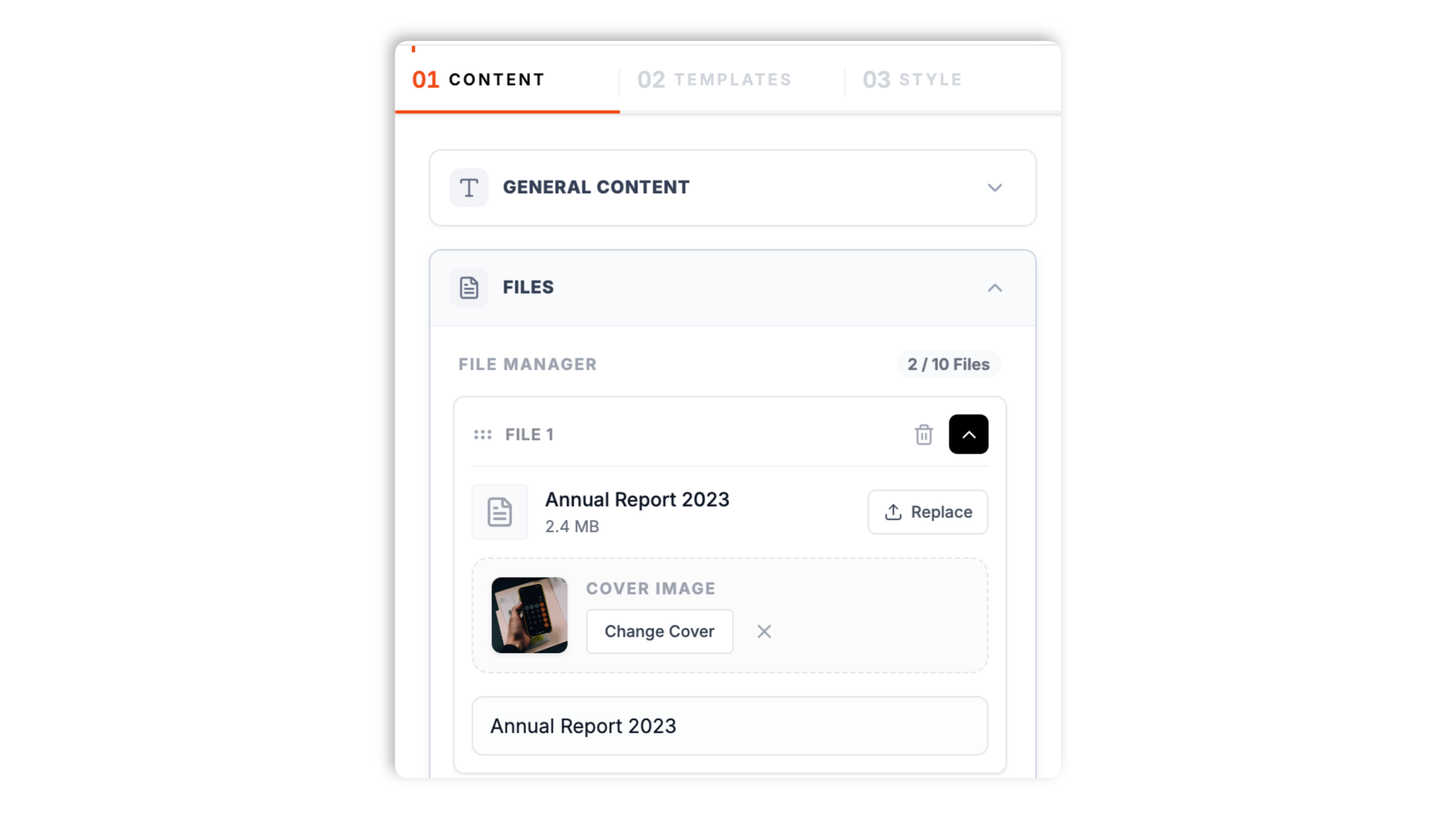 Poper PDF widget builder Content tab with a PDF file uploader, fields for file name, description, and date, a preview image upload, and a deep red Add file button
