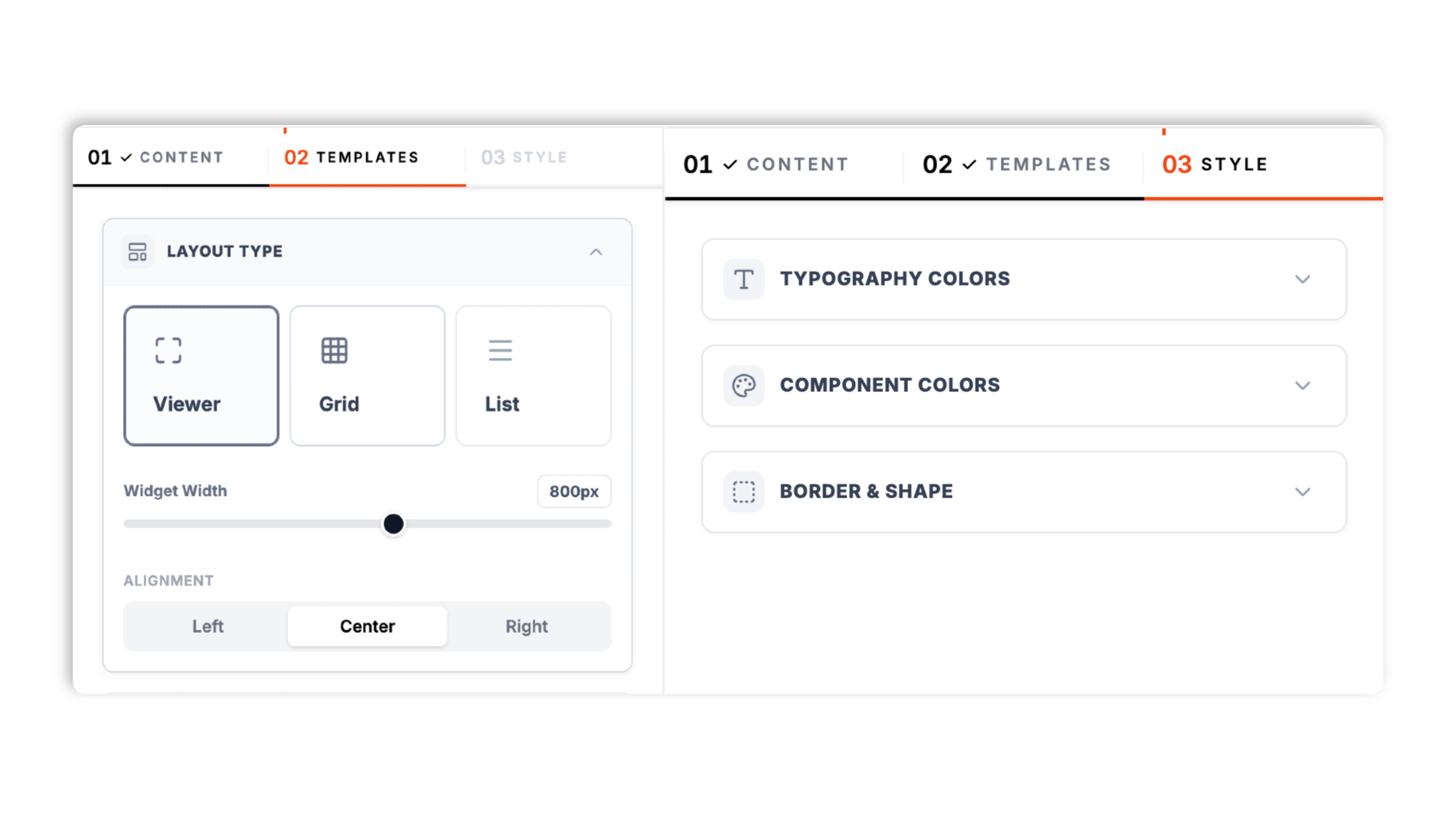 Poper PDF editor Templates tab showing the Viewer, Grid, and List layout choices plus width, alignment, color, and download-button controls