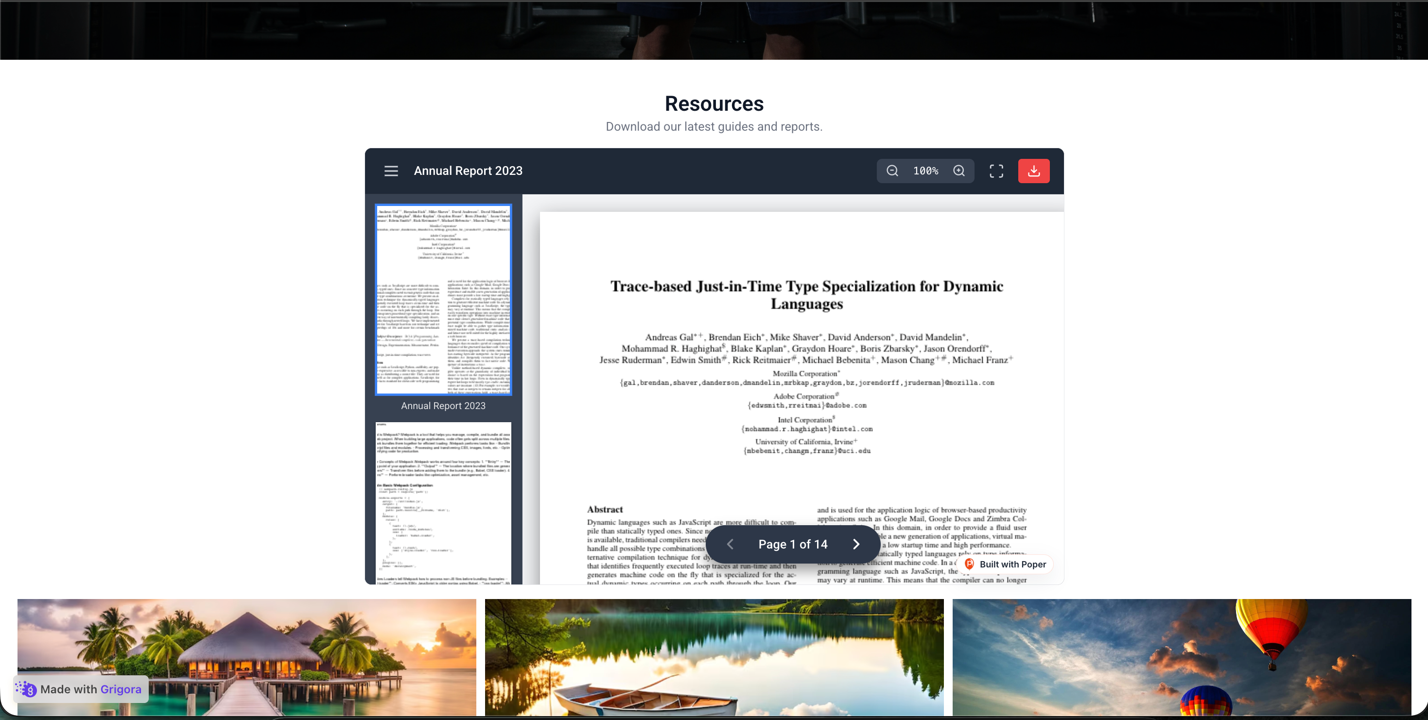Northstar SaaS resources page with the Poper PDF widget embedded inline showing the first page of a whitepaper, page navigator, and a thumbnail strip on a cream background
