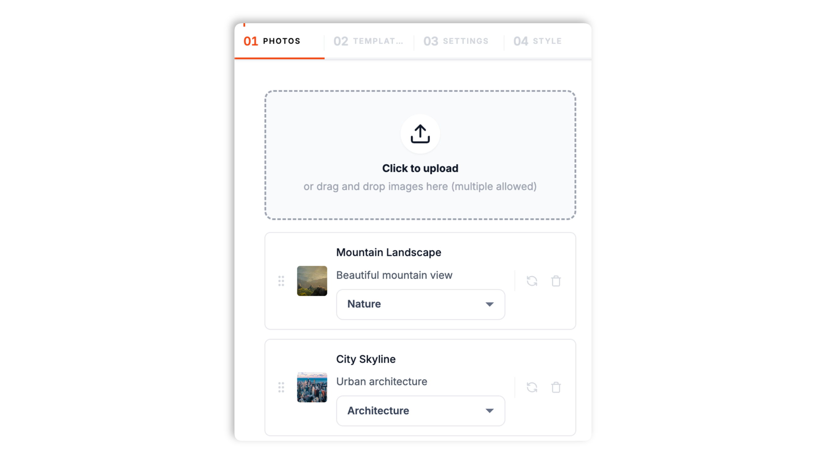 Poper photo gallery builder Photos tab with a photo uploader, thumbnail previews, title, description, and category fields, and a category manager